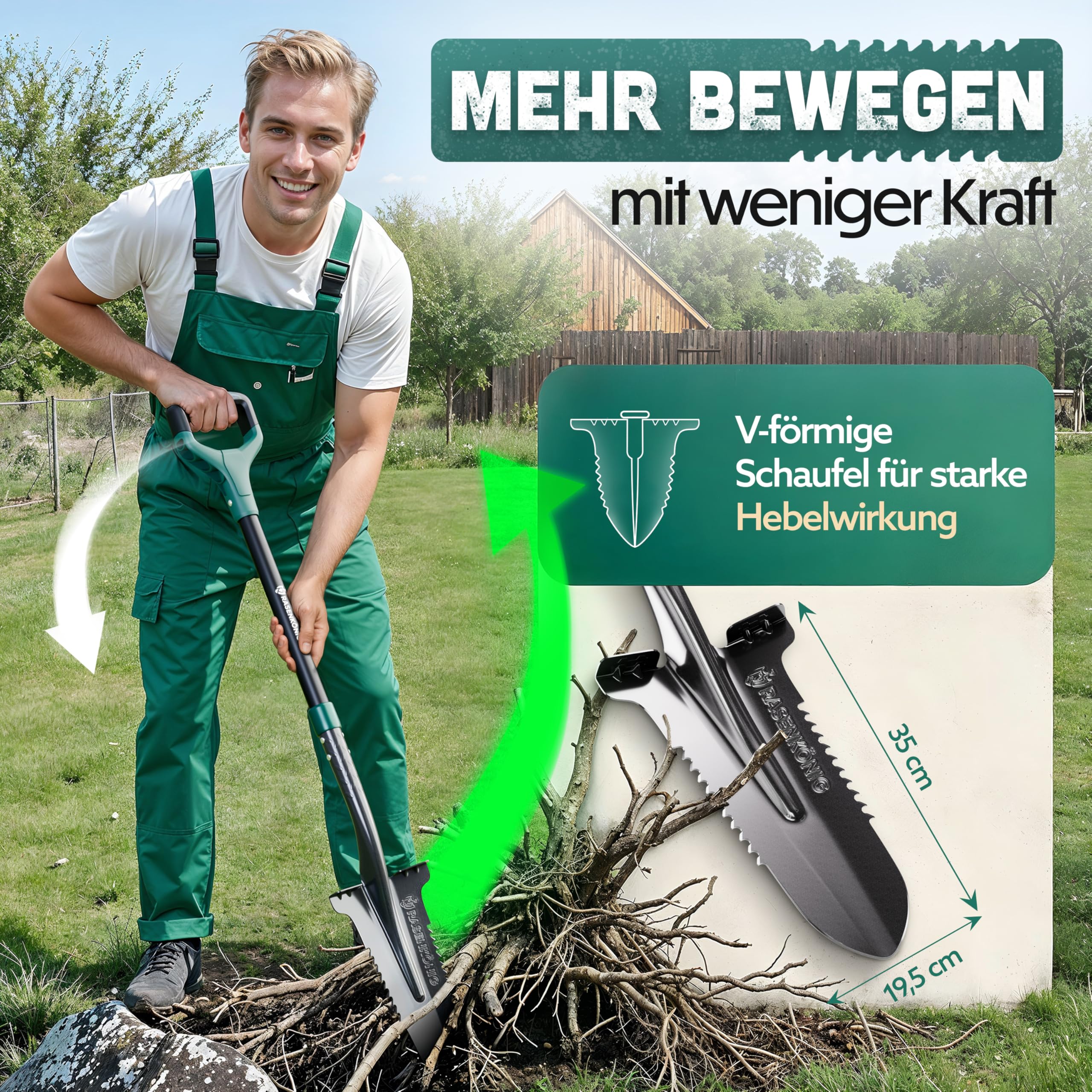 Spaten mit Wurzelsäge Pro [Massivstahl] Wurzelspaten für die Gartenarbeit | mit 20 Sägezähnen, ergonomischem Griff & breiter Trittkante | Stabiler Gartenspaten für leichteres Graben