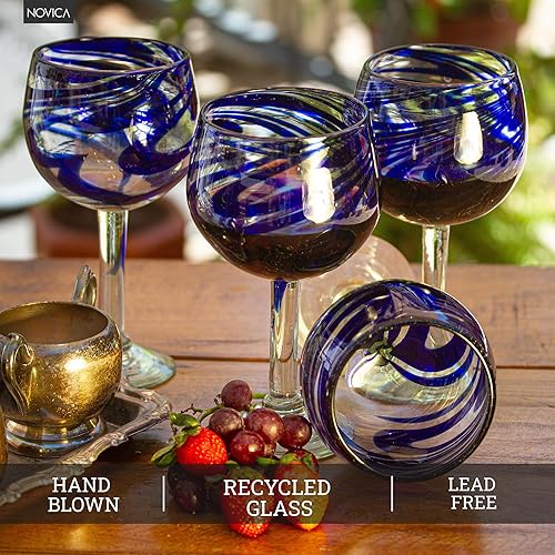 Miniatura 5 de NOVICA Remolino soplado a mano reciclado, 11 onzas, juego de 6 copas de vino con cinta azul de 15874 pulgadas, grande (paquete de 6)
