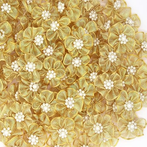 60 flores de organza para manualidades con cuentas de 1.2 pulgadas, cinta de organza para coser vestidos, bricolaje, proyectos de arte, lazos para