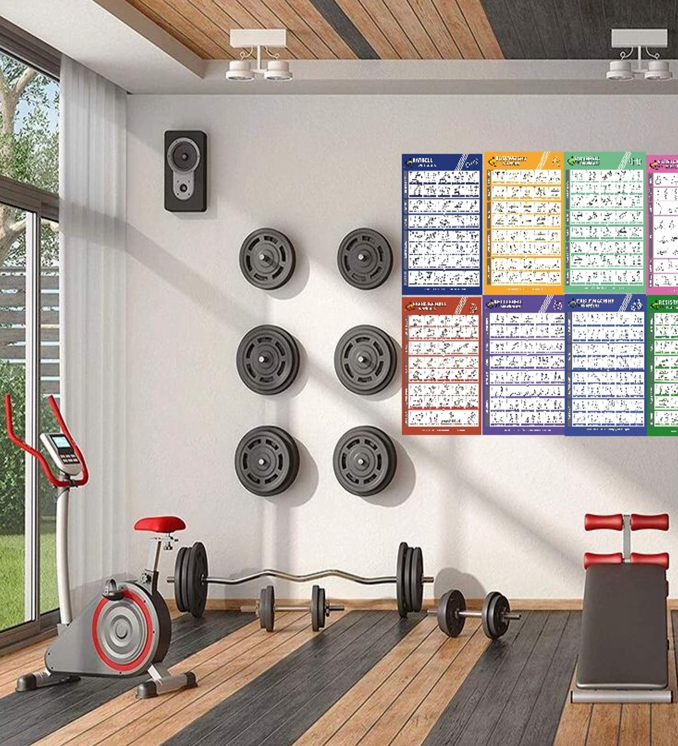 Profit Neue Sportübung Fitnessstudio zu Hause – 12 Fitness-Poster, laminierte Folie für Übungen für Männer und Frauen, elastische Bänder, Yoga, Kugelhanteln, Hanteln usw