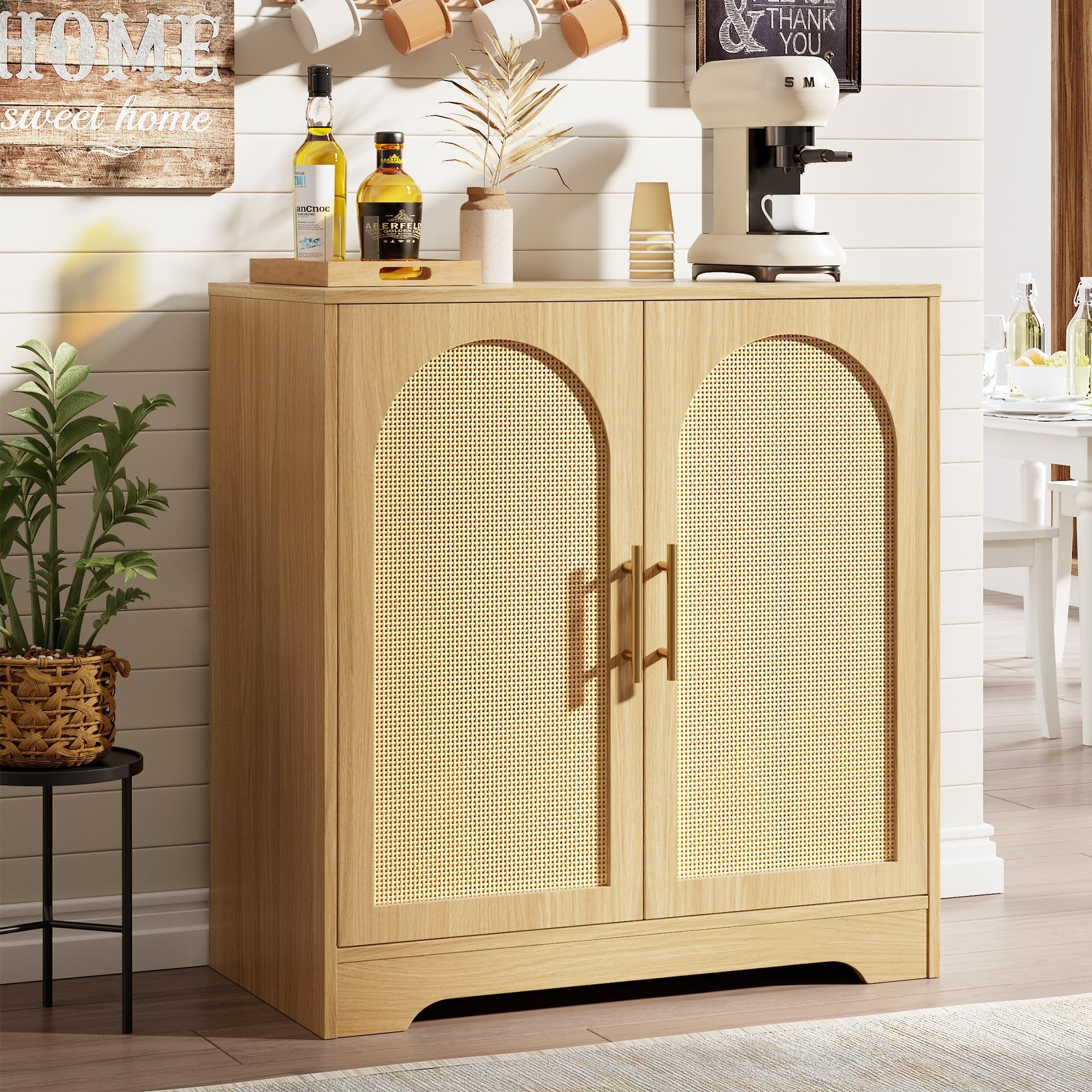 Credenza moderna in rattan, tavolo consolle in legno con maniglie in metallo, ante decorative, ripiano interno fisso, dispositivo anti-ribaltamento, contenitore per sala da pranzo, cucina