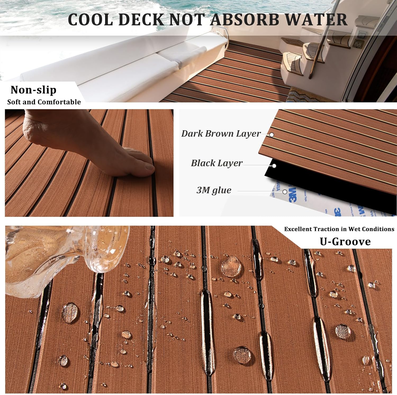 HXBYX EVA Foam Boat Flooring with 3M Self-Adhesive Backing DIY Boats Decking Marine Sheet Faux Teak Material,Non-Slip Cooler Pads for Kayak Yacht SwimPool RV 95"x44"/31"/16"/6.7"/2.4",47.5"x16"