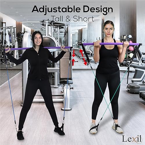 Miniatura 5 de LEXIL Kit de ejercicios de barra de pilates portátil, apilable, 3 pares de bandas de resistencia (15, 20, 30 libras), equipo de gimnasio en casa