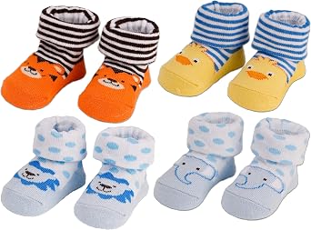BRUBAKER 4 Pairs of Baby Boy Socks 0-12 Months - Fun Sneaker Cars Animals Pirate Socks - in Gift Box