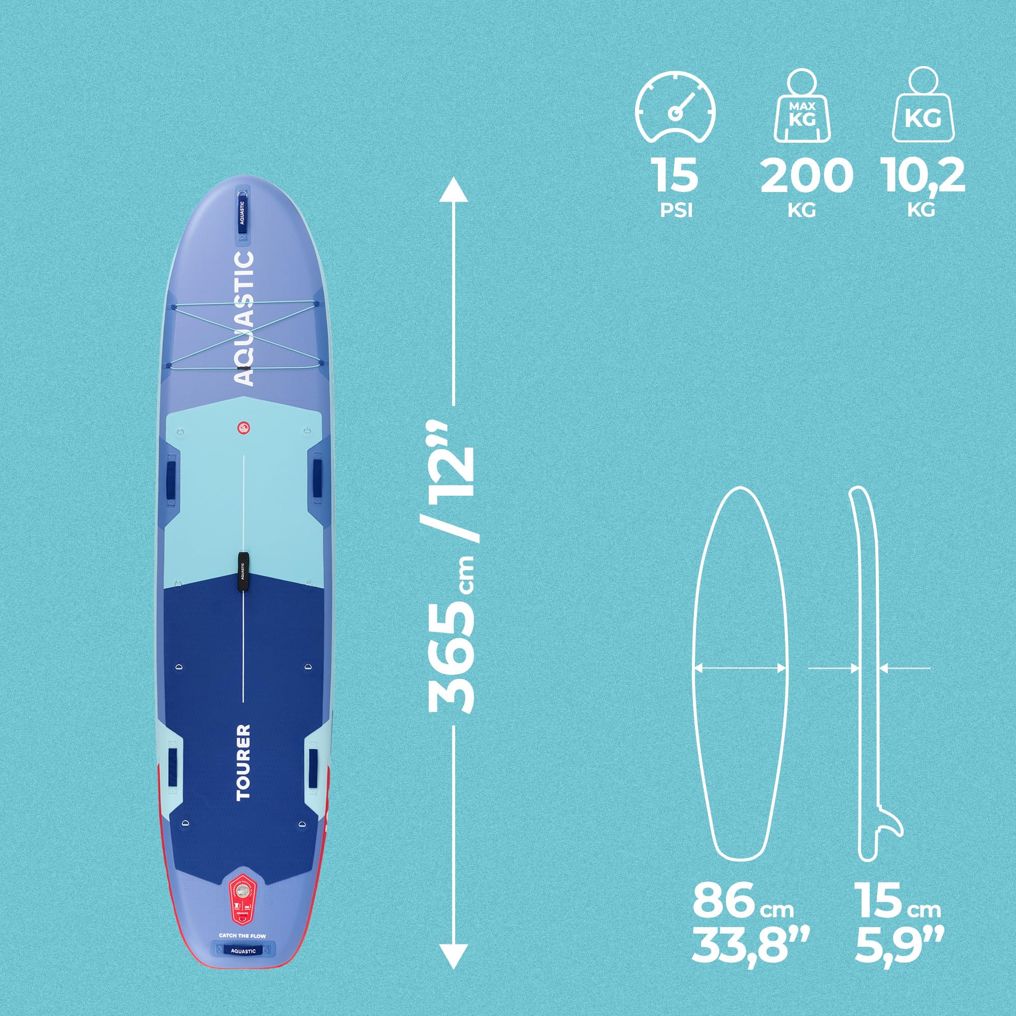 AQUASTIC Tourer nadmuchiwana deska SUP 12'0″ | Allround Touring | 365 x 86 x 15 cm | pojemność skokowa 410 l | 2 miejsca kajakowe | technologia Drop Stitch Lite | maksymalne obciążenie 200 kg