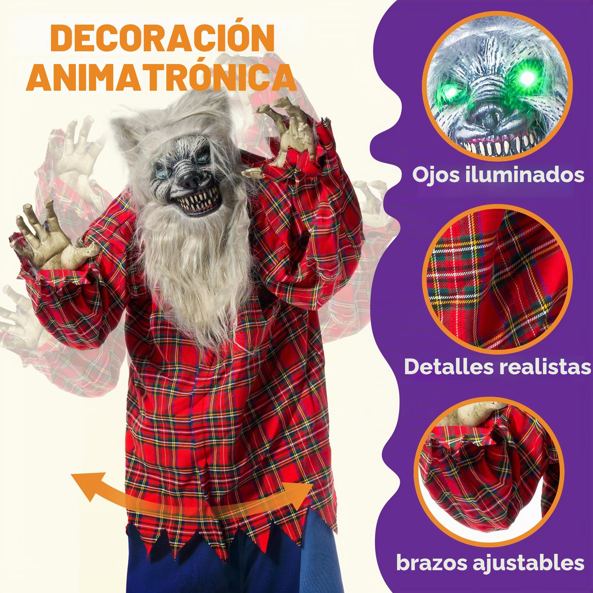 JOYIN Halloween 170 cm Animatrónico Hombre Lobo de pie Decoración Animada con Ojos aterradores y Brillantes (activados por luz y Sonido) para Accesorios de casa encantada de Halloween