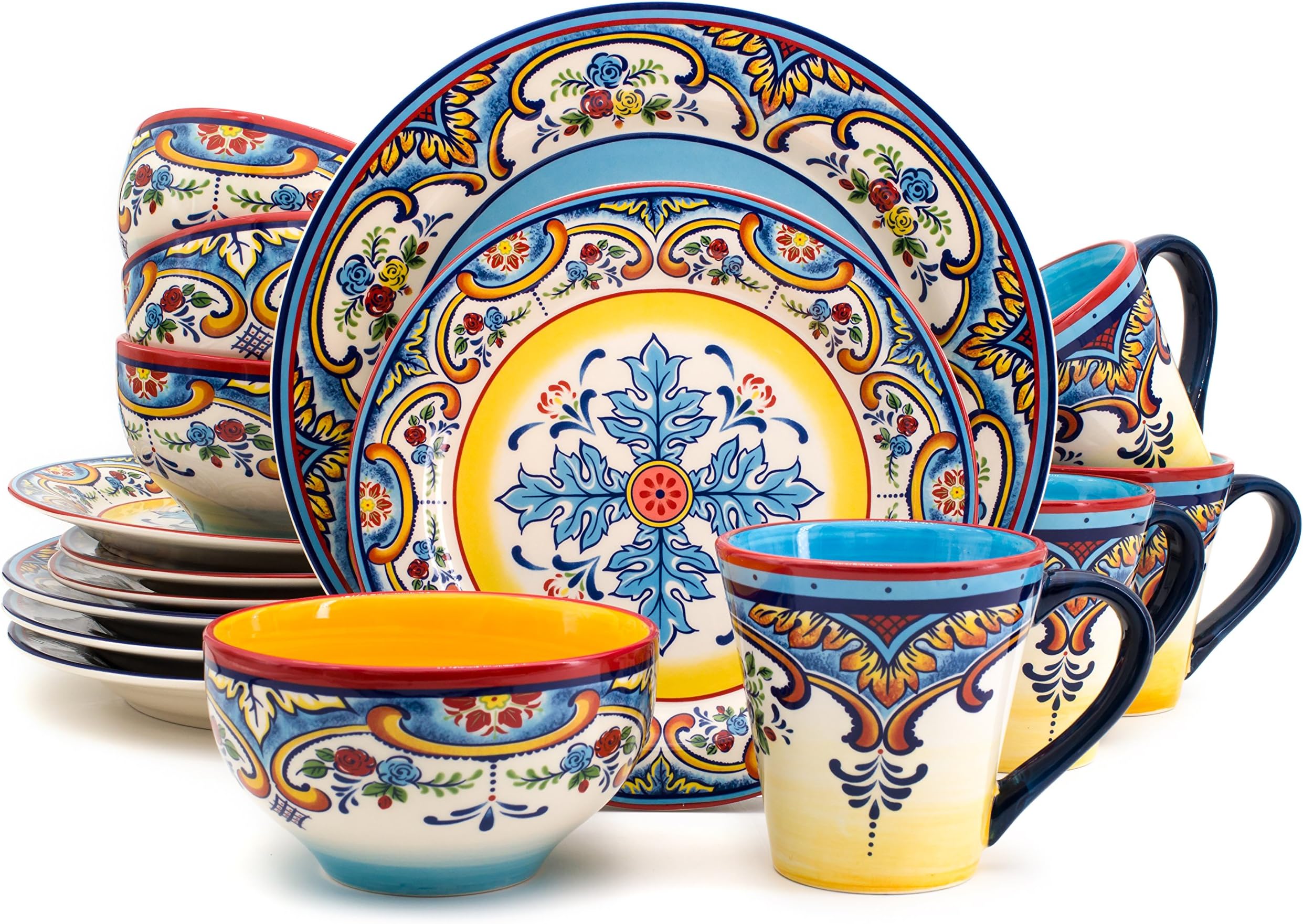 Euro Ceramica Zanzibar Collection 16 Piece Dinnerware Set Kitchen and Dining, Service for 4, Spanish Floral Design, Multicolor, Blue and Yellow