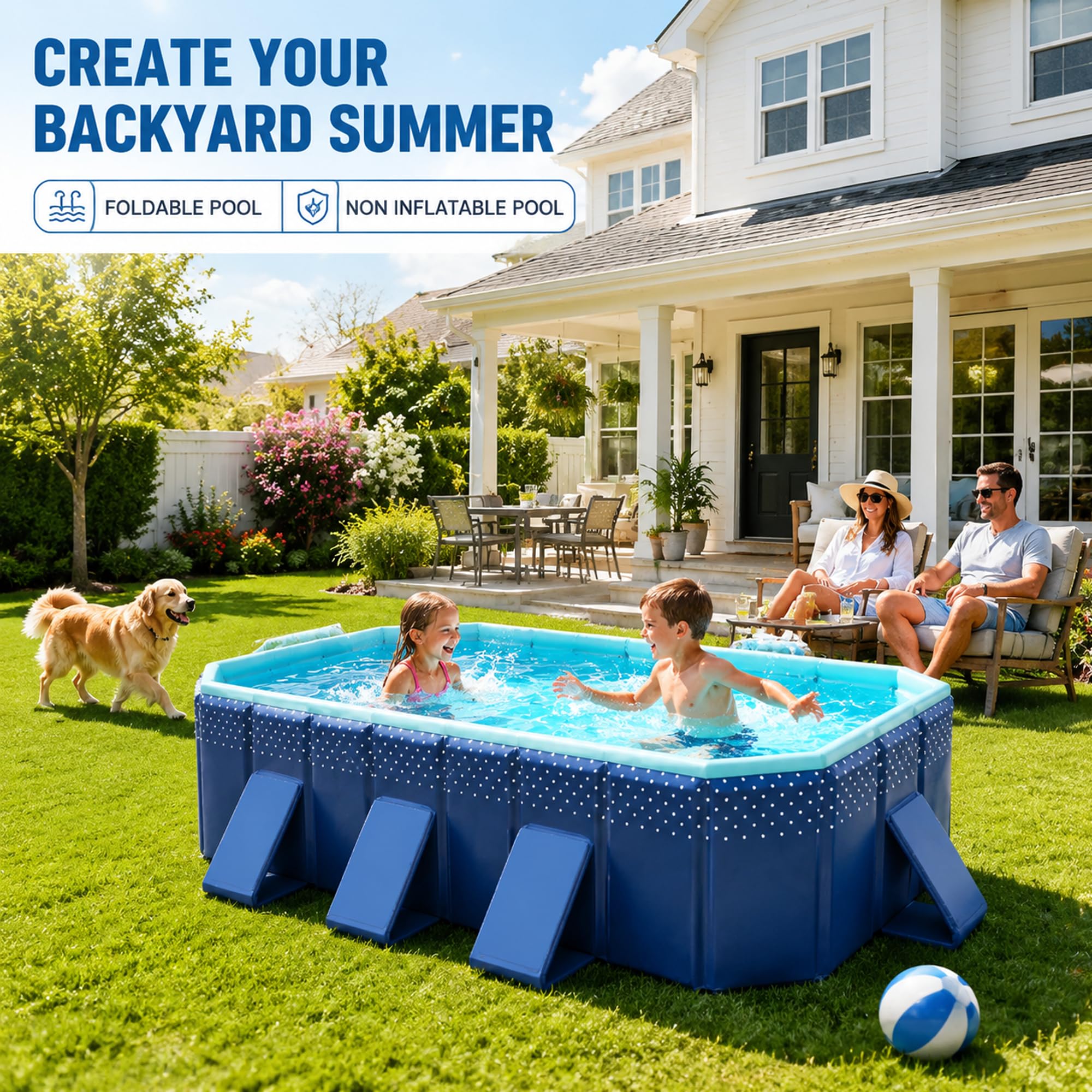Faltbarer Pool, Nicht Aufblasbares Schwimmbecken Für Kinder & Erwachsene | PVC-Becken, Dreieck-Stützpaneele & Große Abläufe, Garten, Terrasse, Camping(2.1m/6.9ft)
