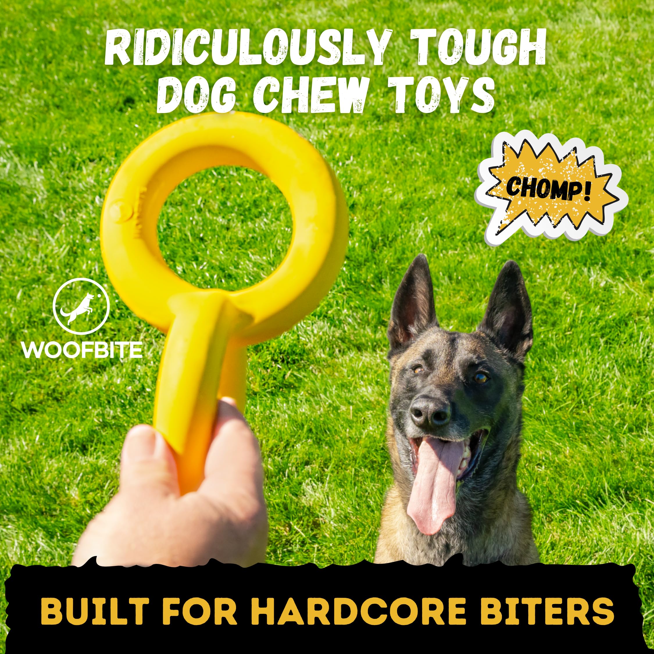 WoofBite Indestructible Tug Rings - Lifetime Replacement - Aggressive Chewers, Medium Large Breed - Non-Toxic Natural Rubber Dog Toys - Tug of War, Interactive Chew Fetch Toy - Yellow - 9.5”