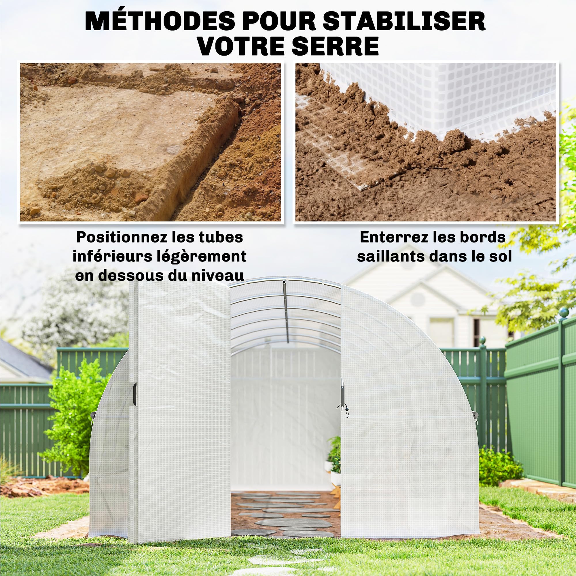 Outsunny Tunnel Serra 18m2 1 Porta 12 Finestre 295x597x200cm Bianco | Tunnel serra da giardino, finestre con zanzariere, telo in PE ad alta densità 140 g/m², prolungato 20 cm, per esterno