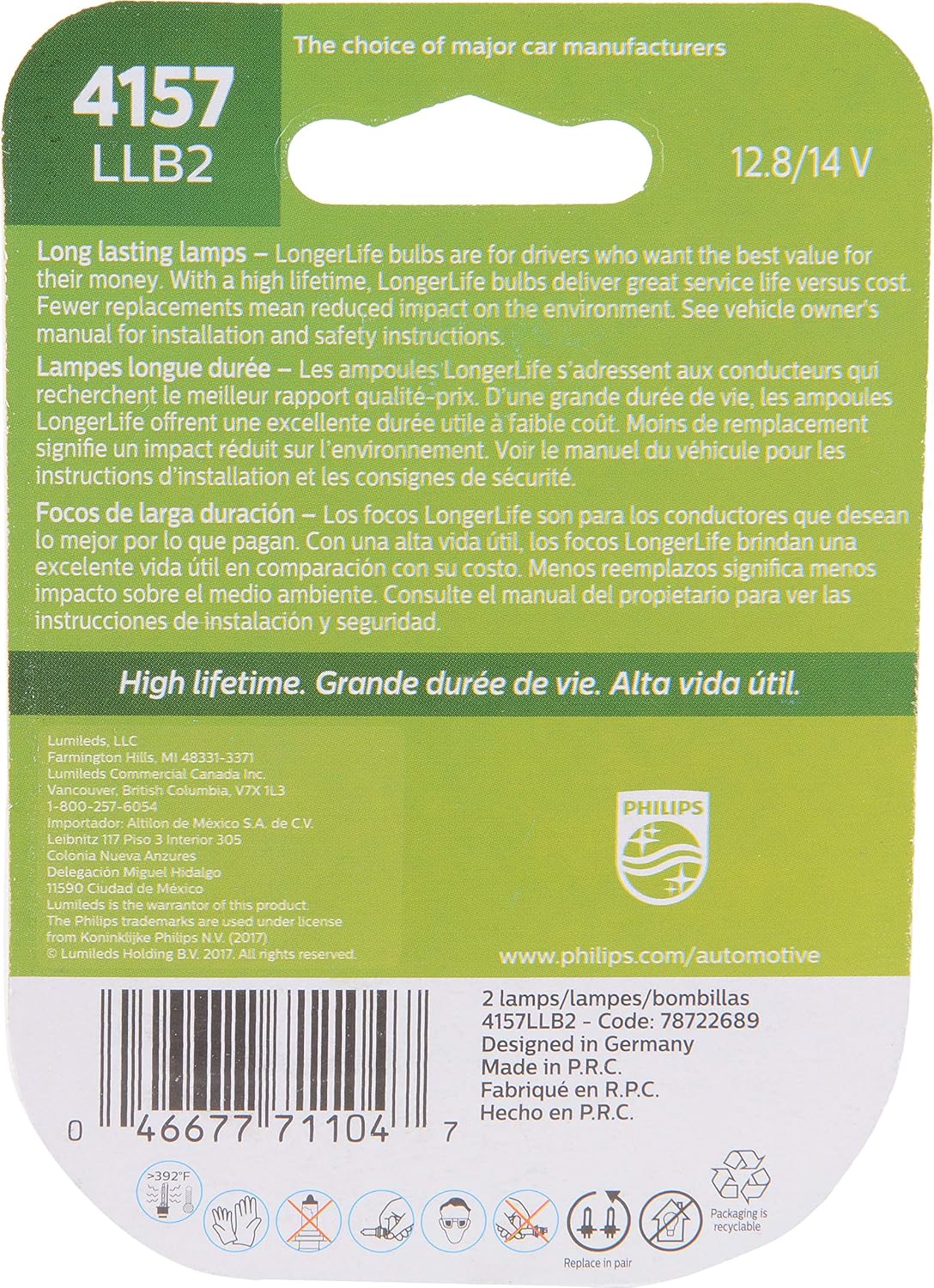Philips 4157 LongerLife Miniature Bulb, 2 Pack