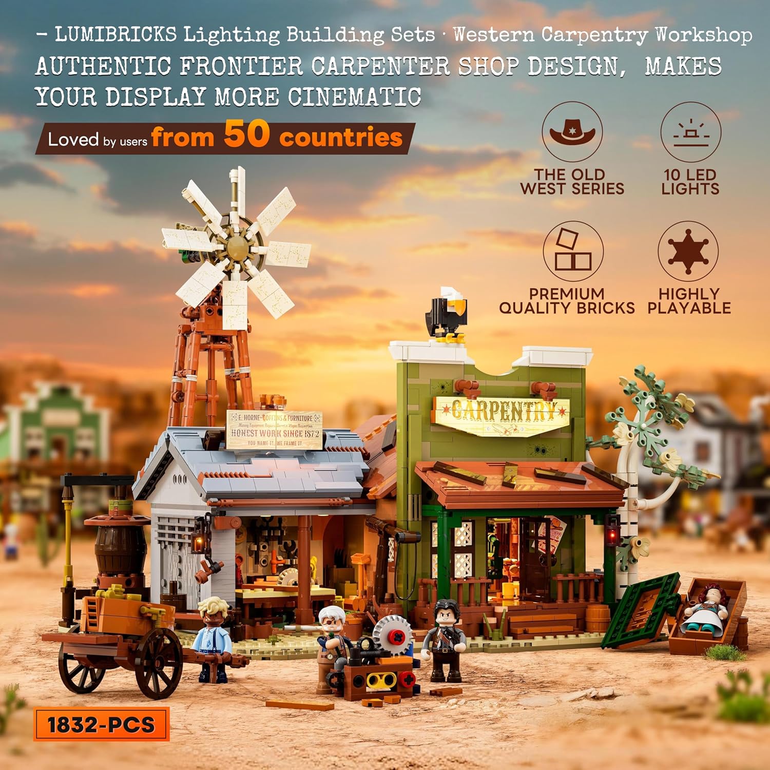 Western Carpentry Workshop Lighting Building Bricks Set - 1832 Pcs The Old West Blacksmith-Shop Light Construction Building Model Set for Adults and West Lovers