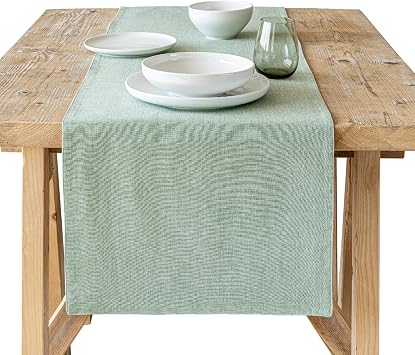 Over&Back 18x90 Woven Chambray Cotton Table Runner - Washable Table Runners for a Custom Home Decor Tablescape - Coffee Table, Dinner Table, Living Room - Green