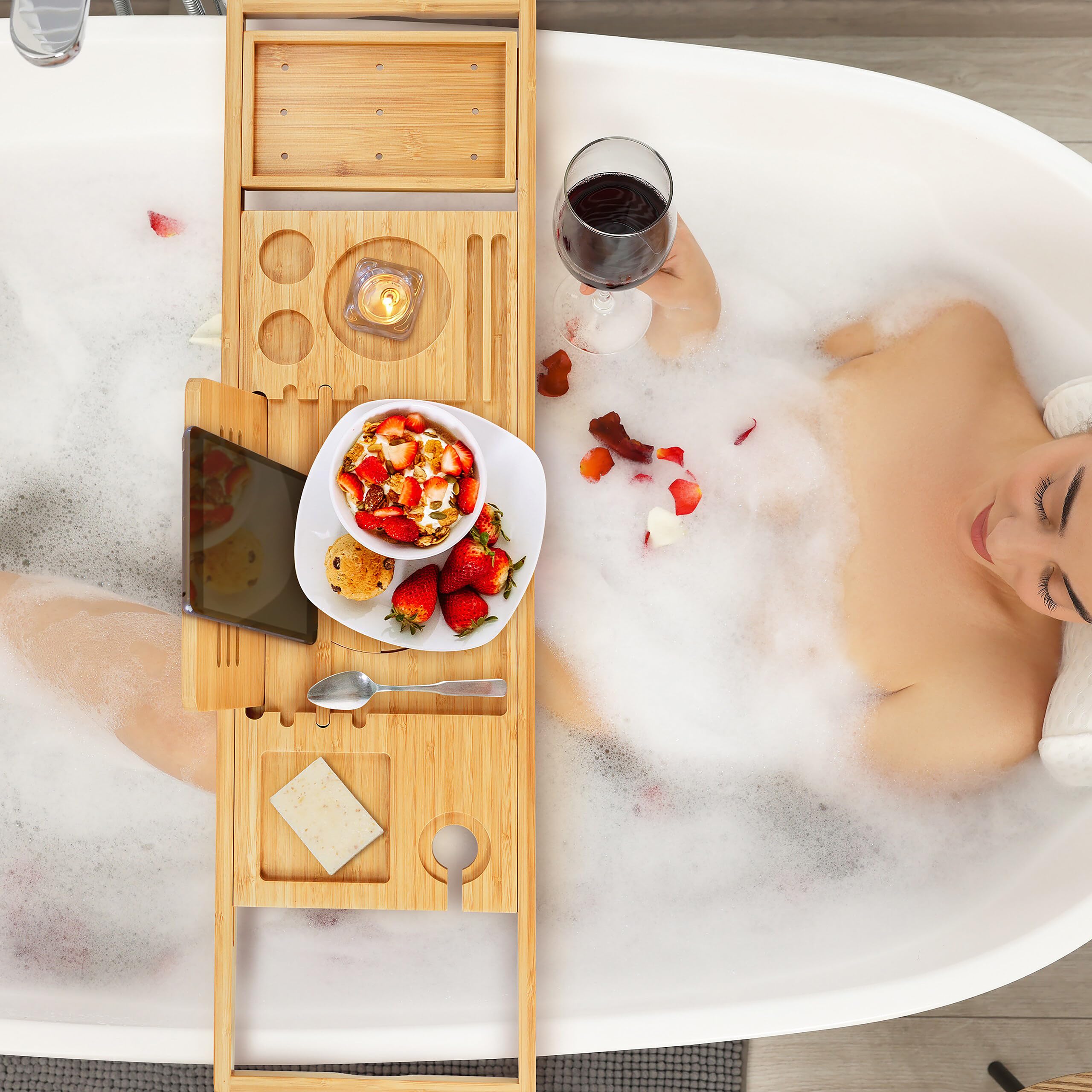 Relaxdays Bambusowa półka na wannę, wysuwana 70-105 cm, składana, uchwyt na szkło i podpórka na książki, deska do wanny, naturalna