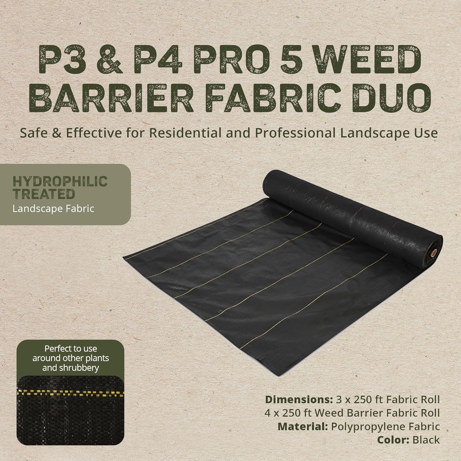 Dewitt Pro-5 Weed Barrier Fabric 5 oz, 3x250 & 4x250 Feet – Heavy-Duty Woven Landscape Ground Cover Mat for Raised Garden Bed, Greenhouse Gardening, Outdoor Landscaping, and Commercial Planting
