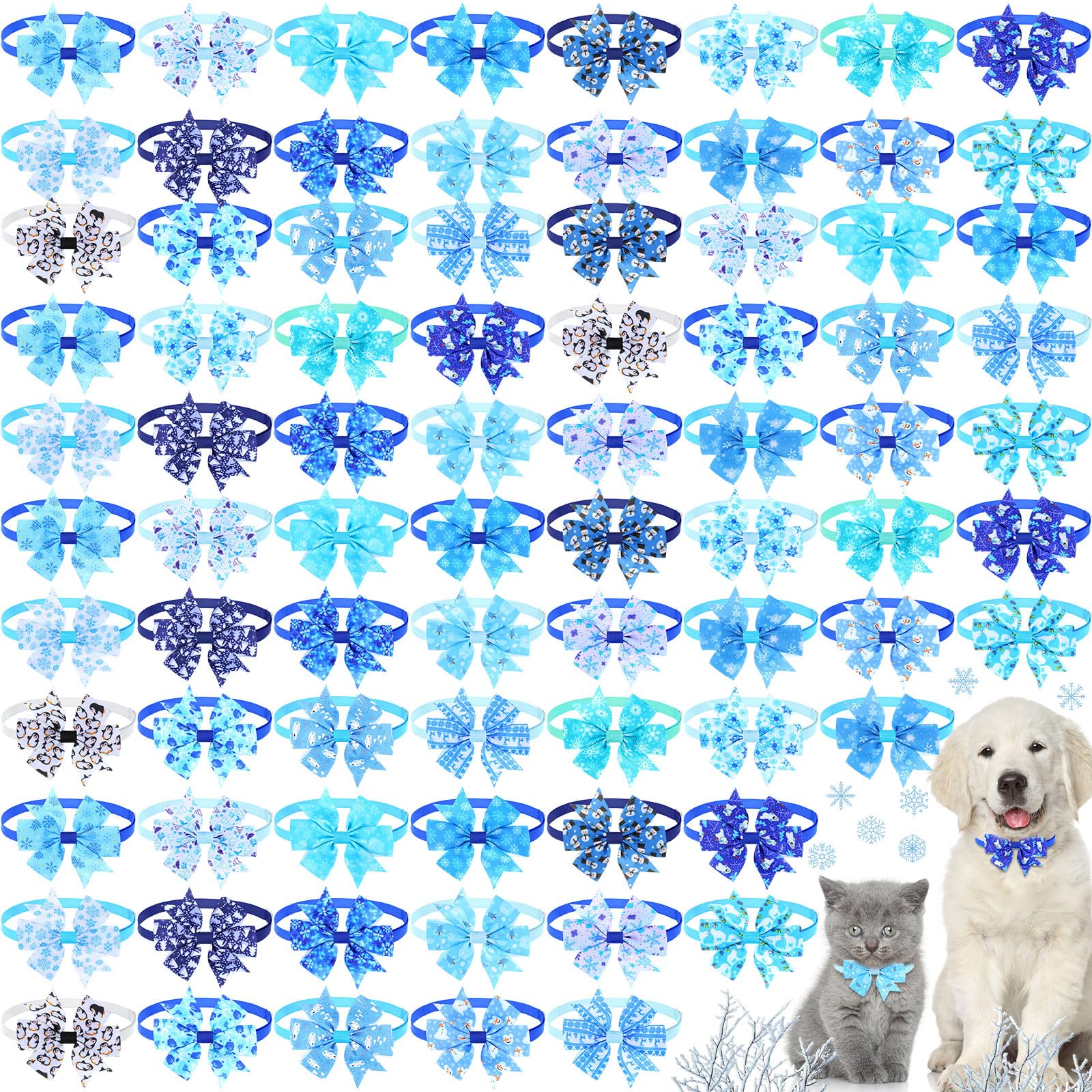 Maitys 80 Pcs Winter Snowflake Dog Bow Tie Adjustable Winter Dog Collar with Bow Ties 20 Styles Snow