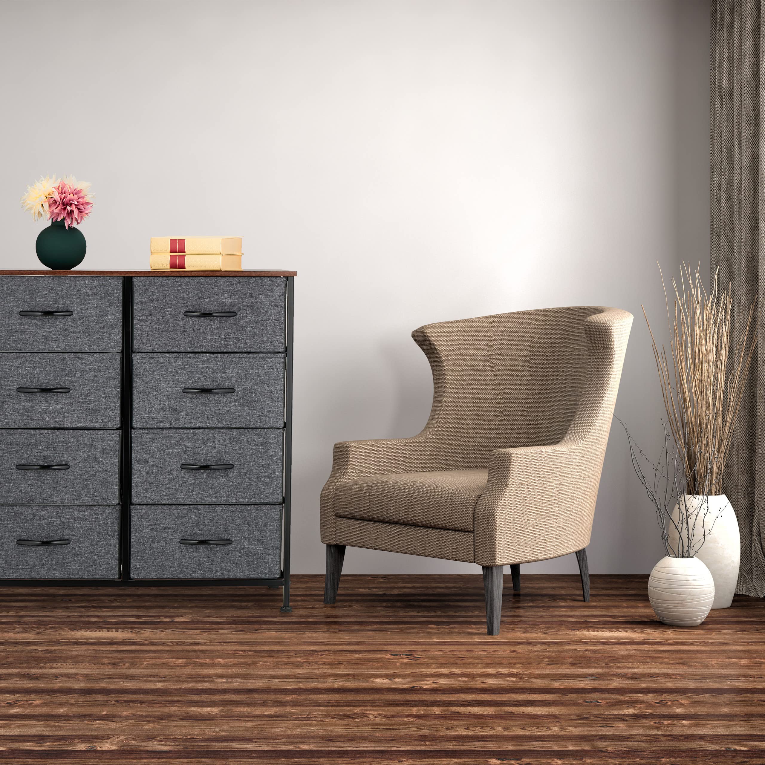 Relaxdays Kommode Industrial, HBT 81,5 x 80 x 30 cm, 8 Schubladen, Stoff & Metall, Holzoptik, Flurschrank, grau/braun