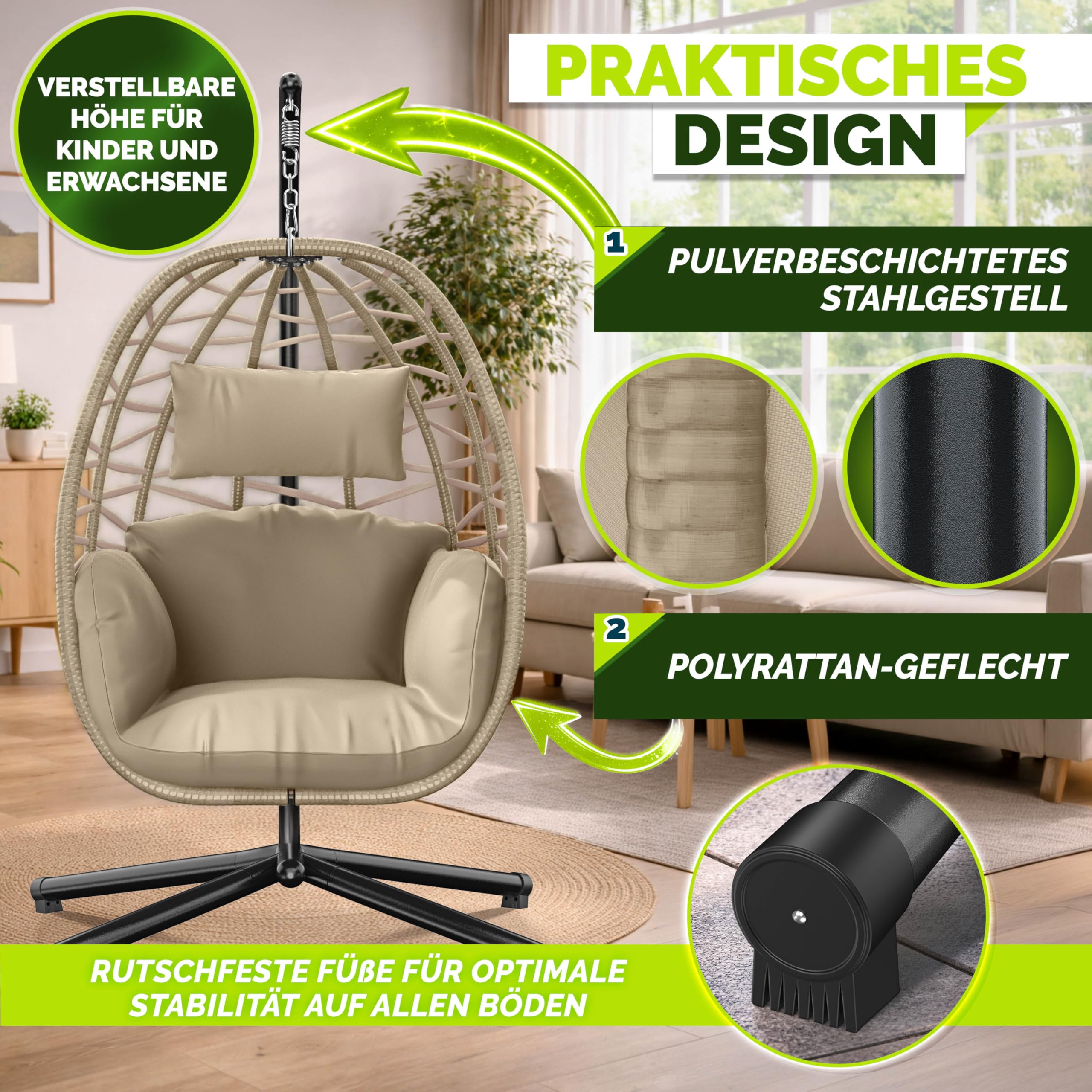 tillvex® Hängesessel mit Gestell Outdoor & wetterfester Abdeckung inkl. Befestigung | Hängekorb klappbar bis 150 kg | Hängesitz aus Rattan | Hängestuhl für Indoor Garten Balkon Terrasse (Taupe)