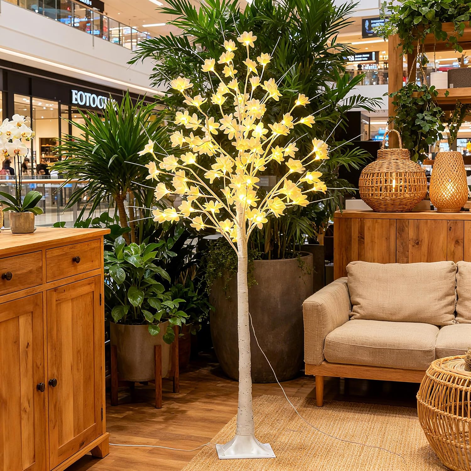 5FT White Flower Tree with Lights - Lighted Flower Tree with 96 Warm White LEDs for Holiday Decor,Waterproof,Remote Control Lighted Trees for Indoor and Outdoor Decoration,Dimmable for All Seasons