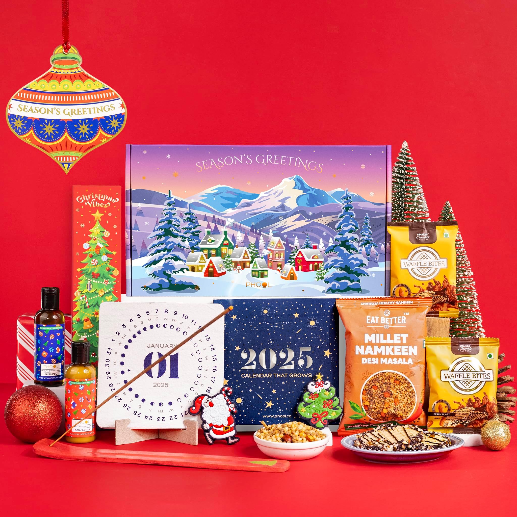 Phool Agarbati Gift Box - Contains Celestial Calender, Incense Sticks with stand,Chocolate Waffle Bites,Millet Namkeen,Magnets,Kimirica Body Lotion and Shampoo and Greeting card.