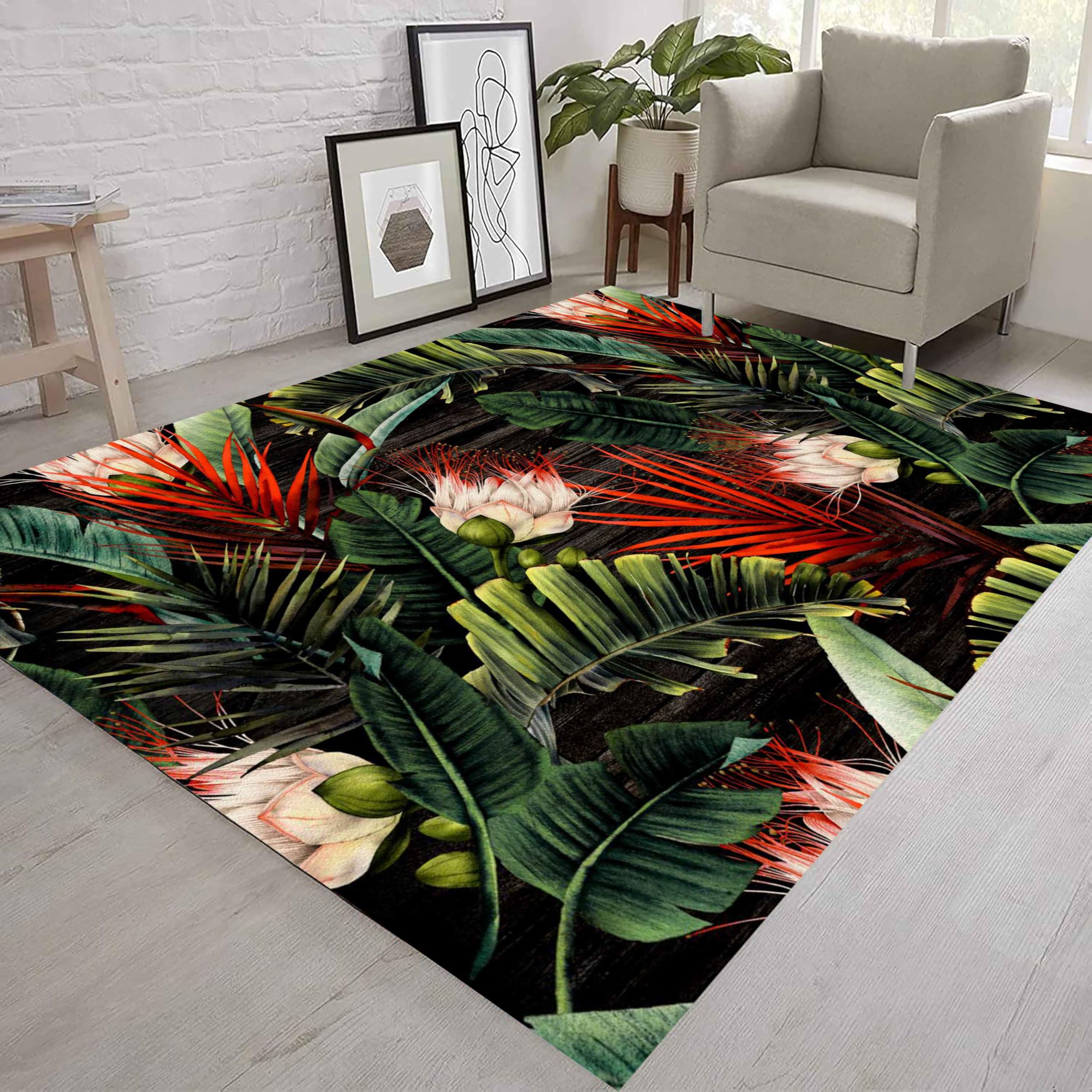 Tropical Leaf Area Rug, 180x230cm, Green Palm Leaf Banana Leaf White and Red Floral Beautiful Plant Rug Water Resistant, Non-Slip, Low Pile, Machine Made, Home Office, Bedroom, Living Room, Sofa