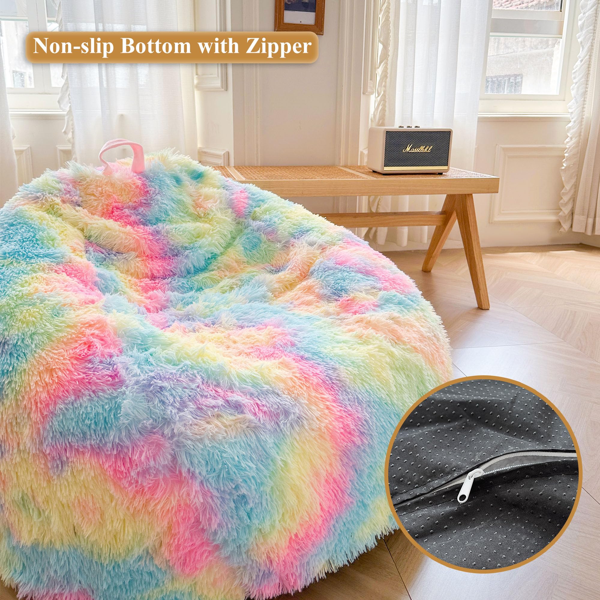 XeGe Kunstfell-Sitzsackbezug für Wohnzimmer (ohne Füllung), tie-dye Flauschiger Kuscheltier-Speicher-Sitzsackbezug, pelziger großer Sitzsack Erwachsene, Jugendliche, Kinder, Mädchen, Regenbogen