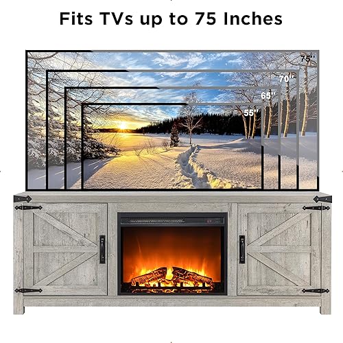 Miniatura 6 de OKD Soporte de TV con chimenea de granja, para TV de 70 y 75 pulgadas, centro de entretenimiento rústico con chimenea eléctrica de 23 pulgadas,