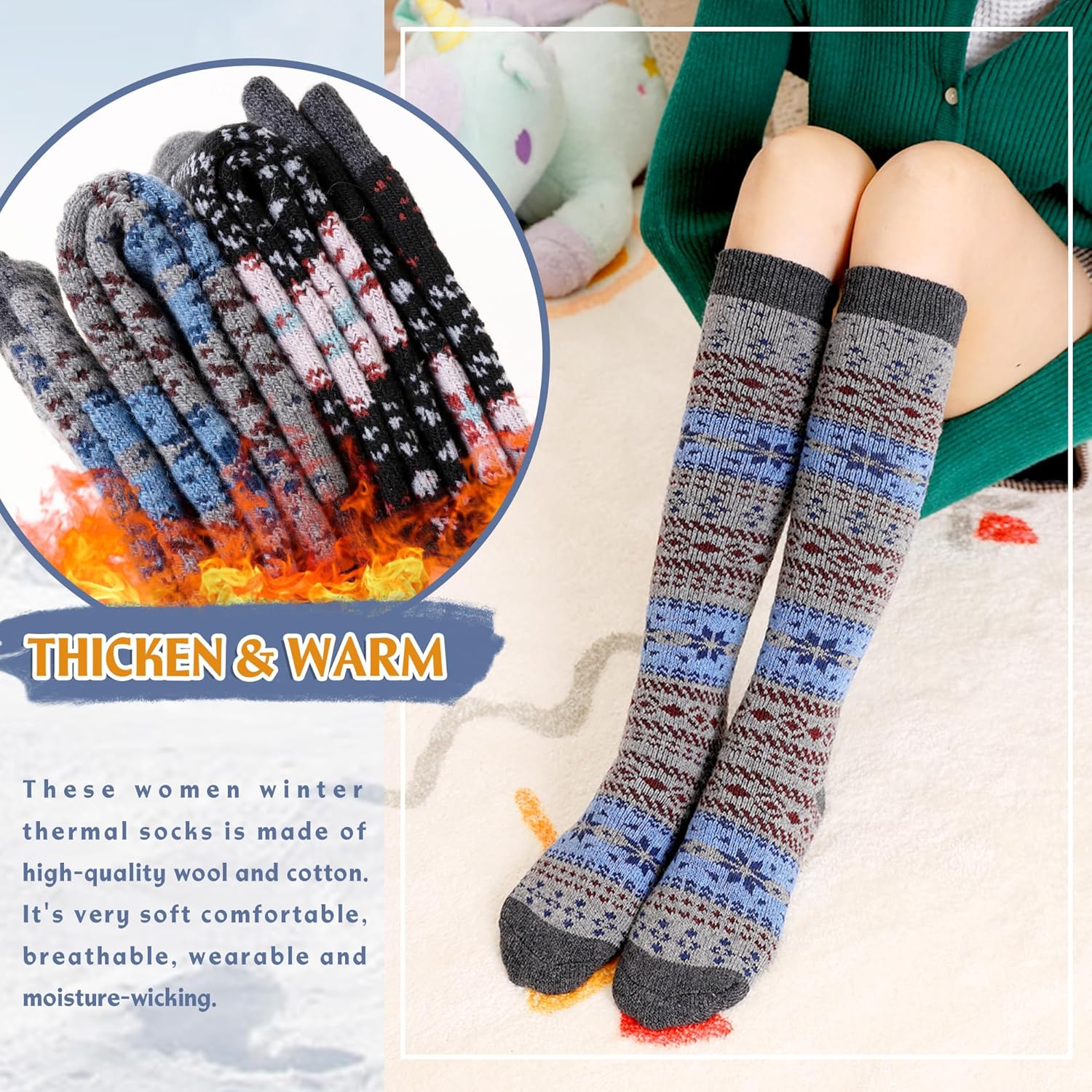 Eyean Women's Knee High Wool Socks Winter Thick Thermal Soft Comfy Over Knee Long High Socks 2 Pairs - Image 2