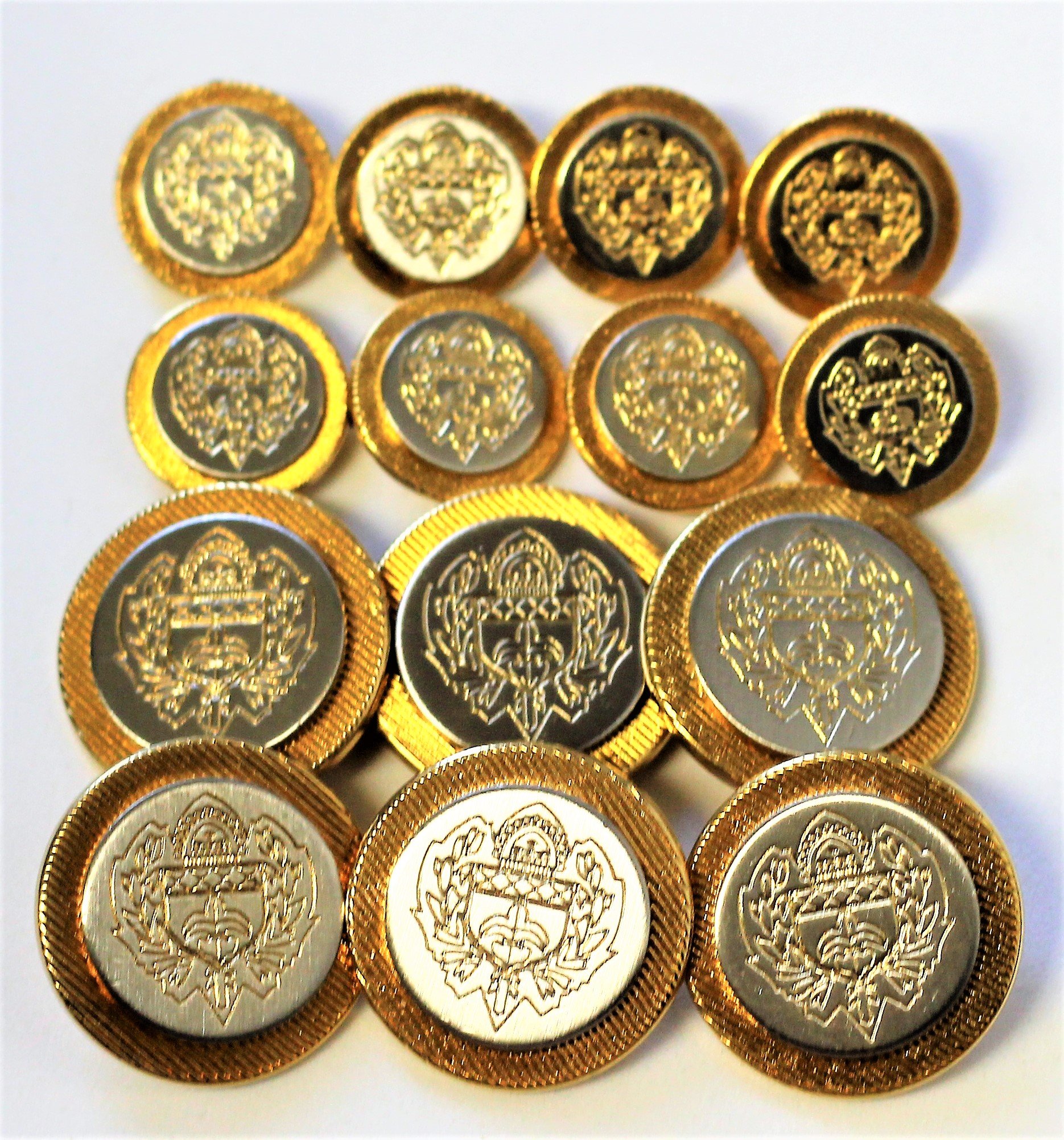 European DELUXE tailors' bi-color 14 pc blazer button set, gold/silvertone