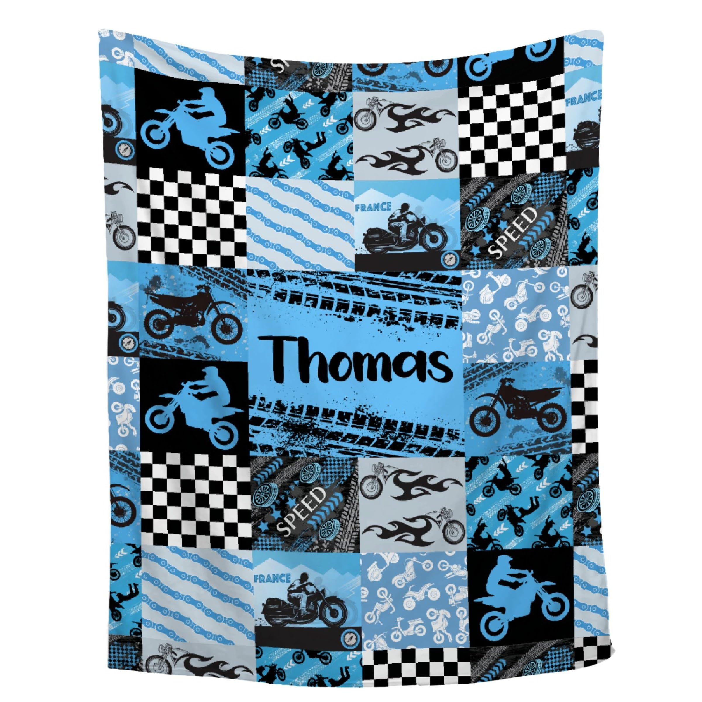 Buyyet Personalized Dirt Bike Baby Blanket with Name,Custom Extreme Sport Motorcycle Rider Patchwork Plaid Blanket for Boy Kid,Soft Plush Infant