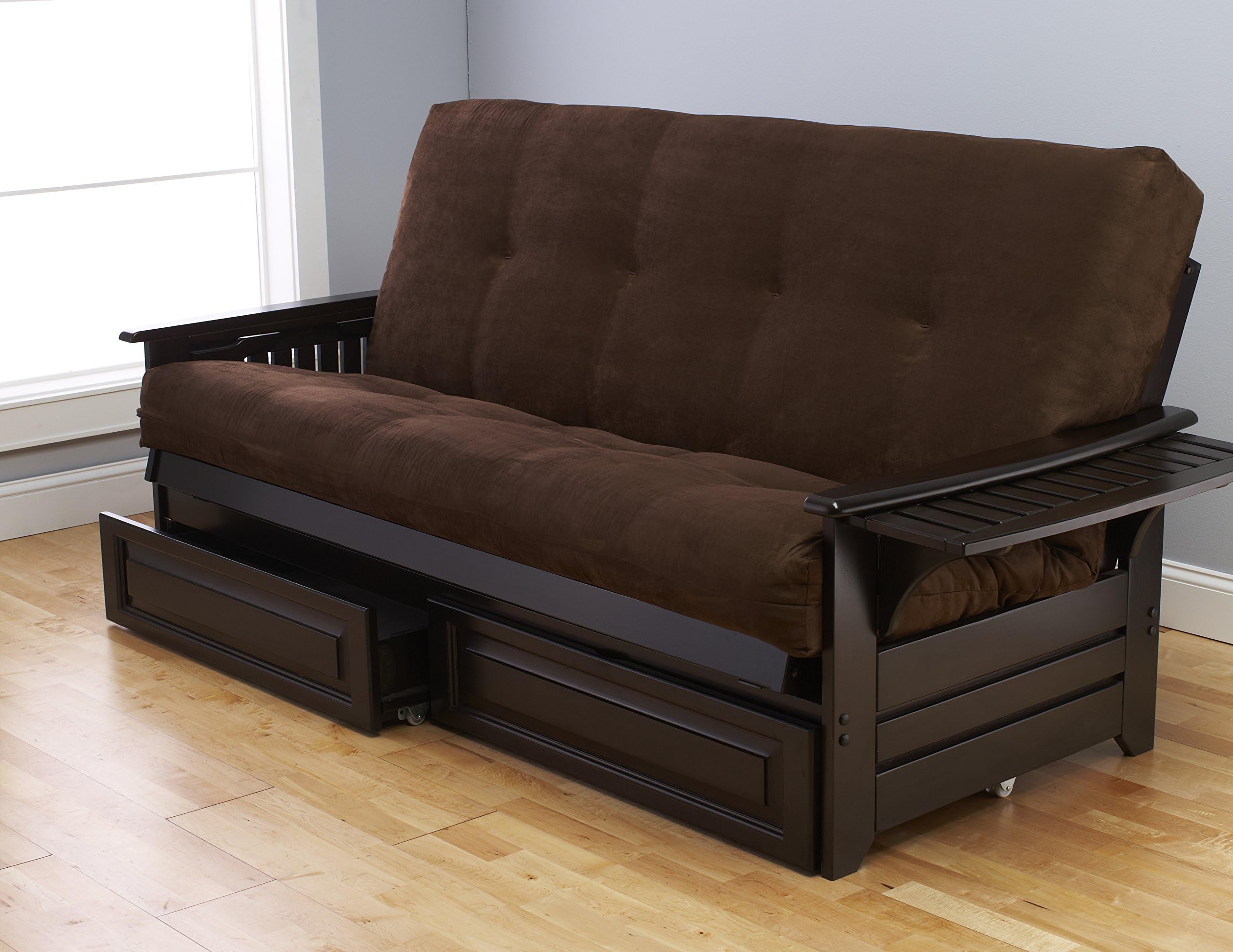 with Drawers Full Size Cordova Espresso Frame w/ 7 Inch Mattress Microfiber Suede Futon Set Wood Sofa Bed (Chocolate Mattress, Frame w/Drawers (Full Size))