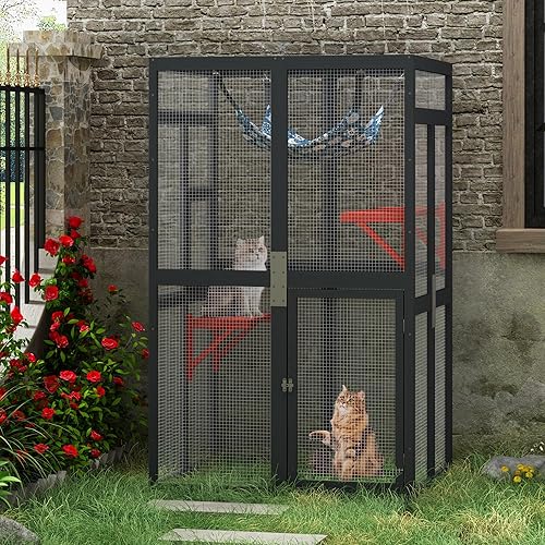 COZIWOW Upgraded Catio Outdoor Cat Enclosure Window Access, Wooden Cat House, Indoor Cat Cage with Hammock for Patio (Black)