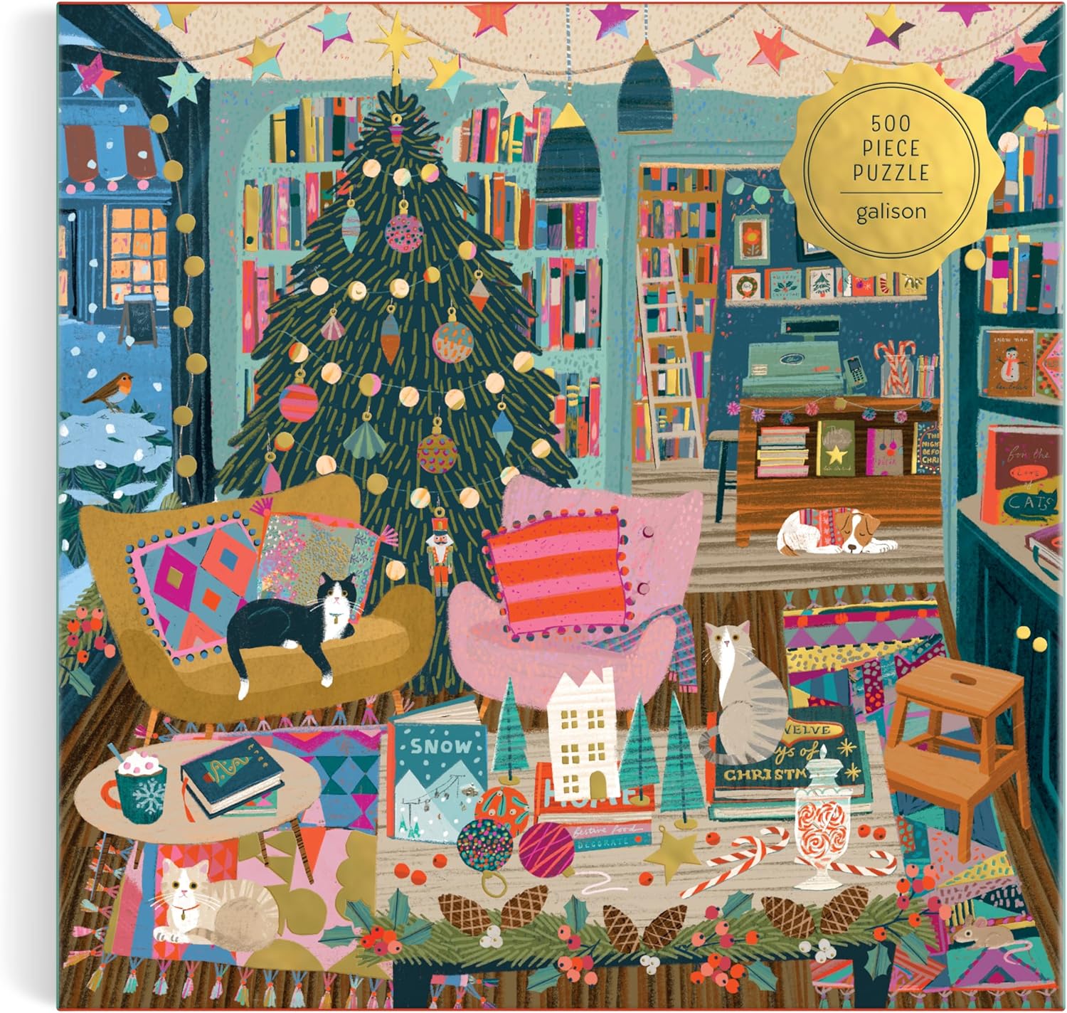 Galison Season's Reading – 500 Piece Foil Jigsaw Puzzle Featuring Beautiful Artwork of A Cozy Christmas Bookshop Scene with Gold Foil Accents - Image 6