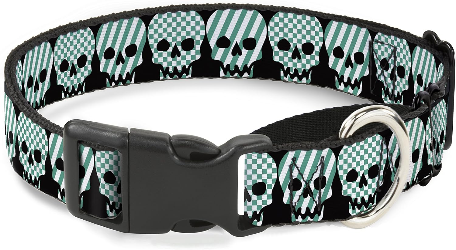 Buckle-Down Checker & Stripe Skulls Black/White/Green Martingale Dog Collar, 1.5" Wide-Fits 13-18" Neck-Small