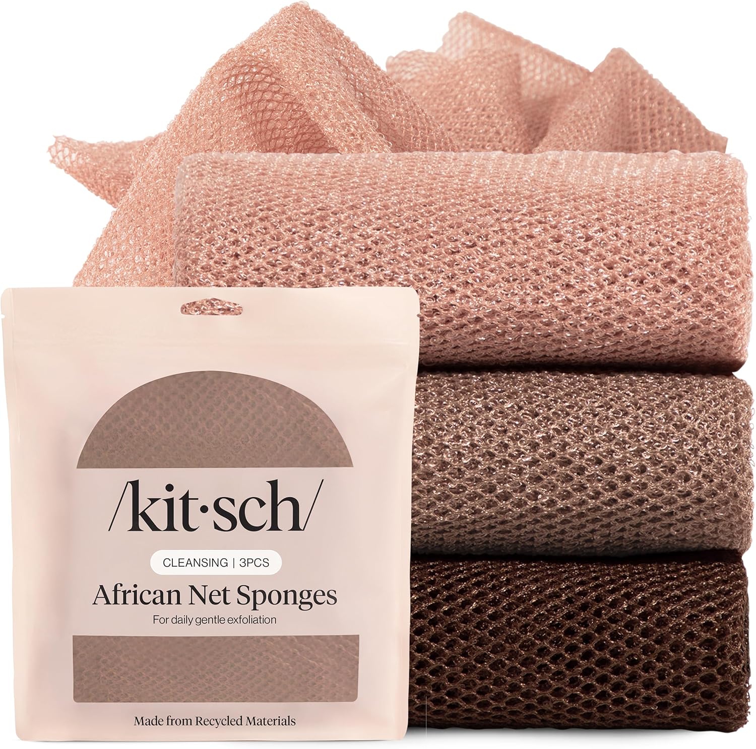 Kitsch African Net Sponge – Exfoliating Body Scrubber for Cleansing & Gentle Daily Exfoliation – Stretchable Bath Sponge for Hard-to-Reach Areas, Long-Lasting Shower Essential - Rosewood, 3 Pcs