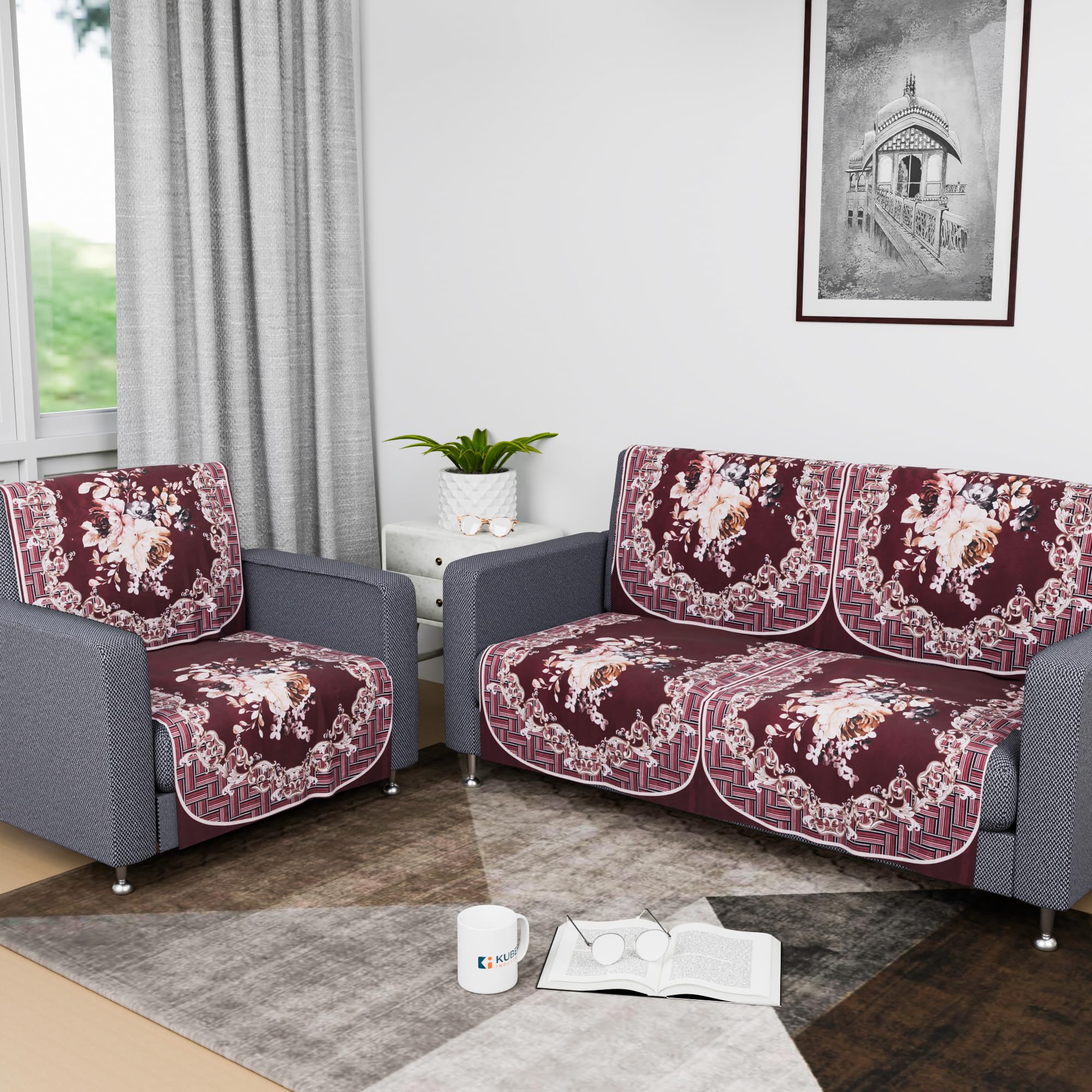 Kuber Industries Sofa Cover for Living Room| 6 Piece | Sofa Slipcover Set | 3-Seater Sofa Cover for Home | Check Border Digital Print | Maroon