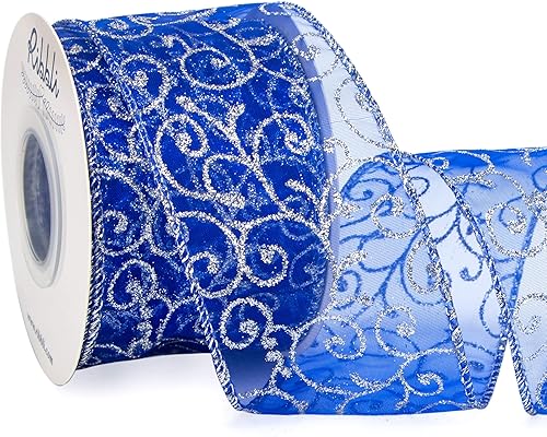 Miniatura 9 de Ribbli - Cinta con brillantina y con alambre, cinta de organza púrpura con patrón de espiral de brillantina plateada y borde metálico plateado, 2-12