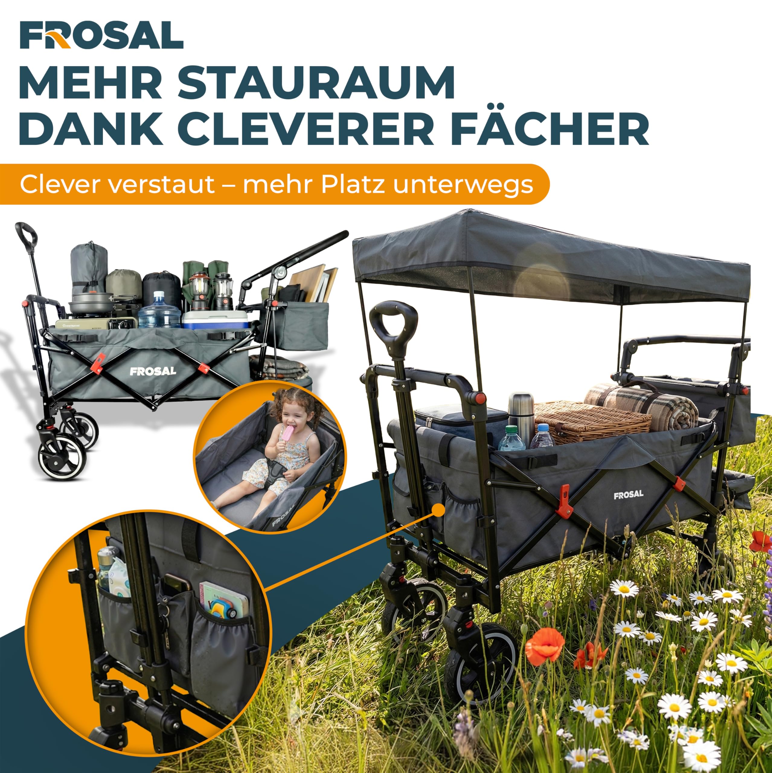 FROSAL Bollerwagen Paul faltbar mit Dach – Handwagen klappbar für Kinder, Strand, Camping & Garten – 80kg belastbar – gefederte Räder, Bremse, Schiebegriff & Zugstange – grau