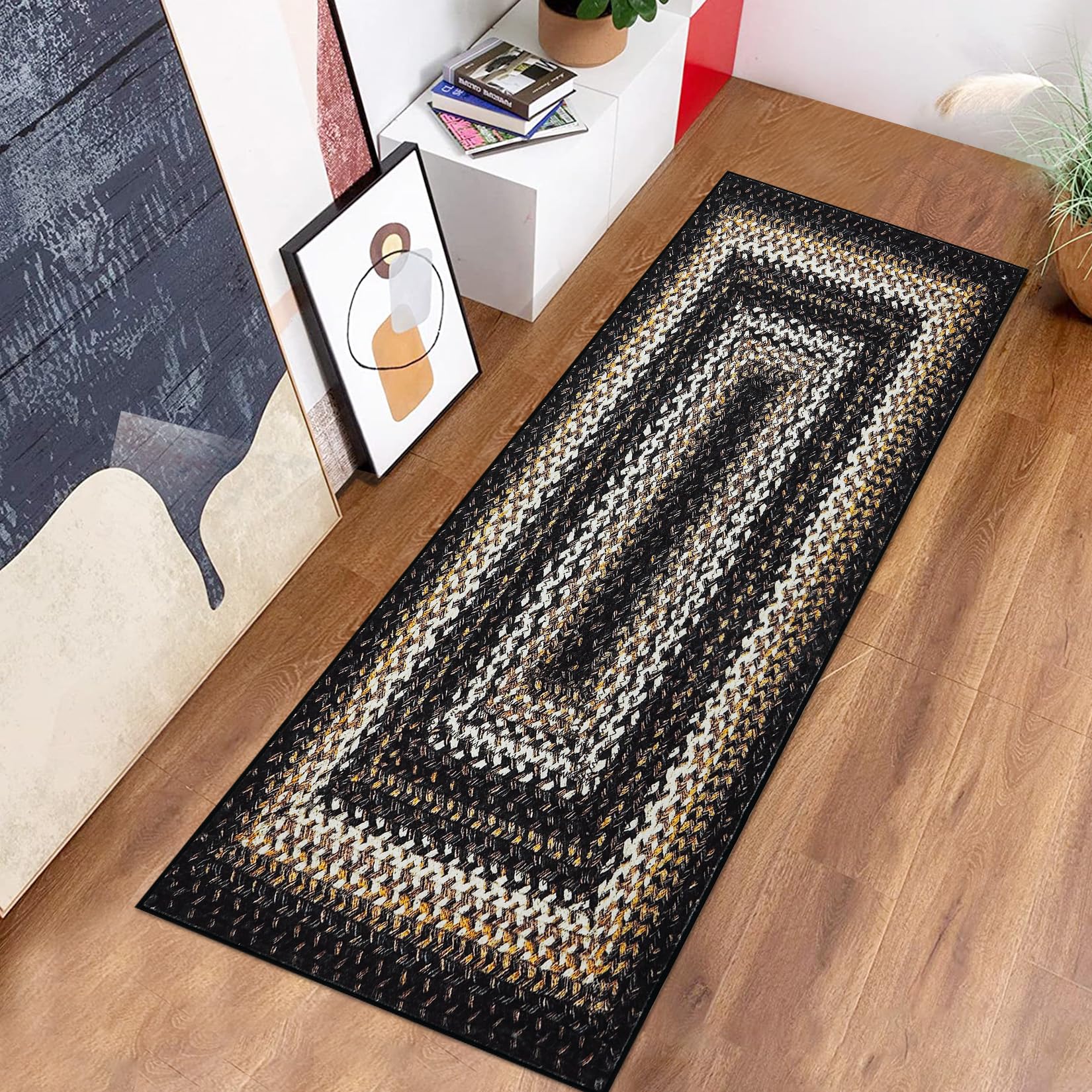 ROYHOMEKitchen Runner Rug 2x6 Long Hallway Runner Rug Braided Print Area Rug Washable Rug Boho Area Rug Modern Geometric Runner Rug for Living Room Bedroom Nursery, Black