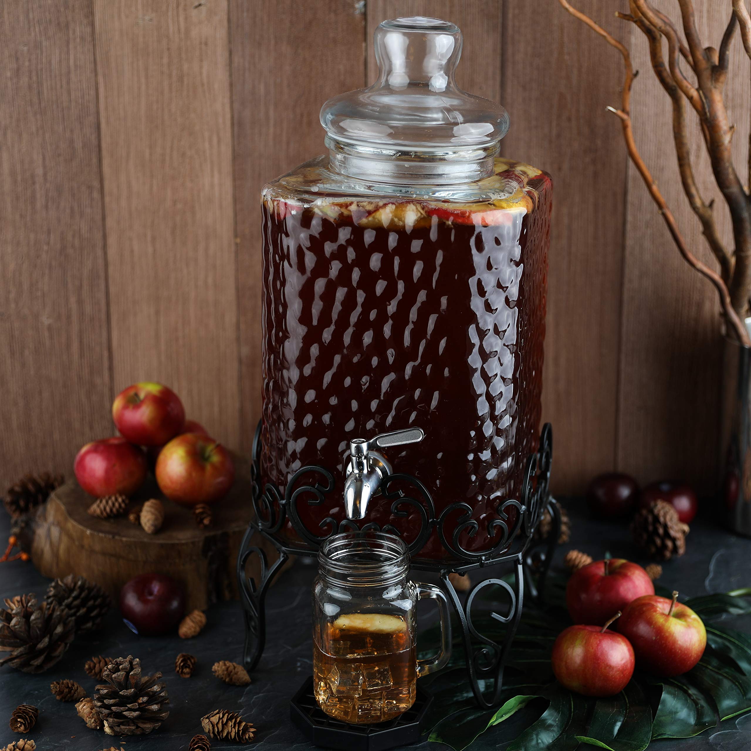 Dispensador de bebidas de vidrio de 2,5 galones con espiga de acero inoxidable sobre soporte de metal y bandeja de goteo, dispensador de tarro decorativo para té, té helado o kombucha