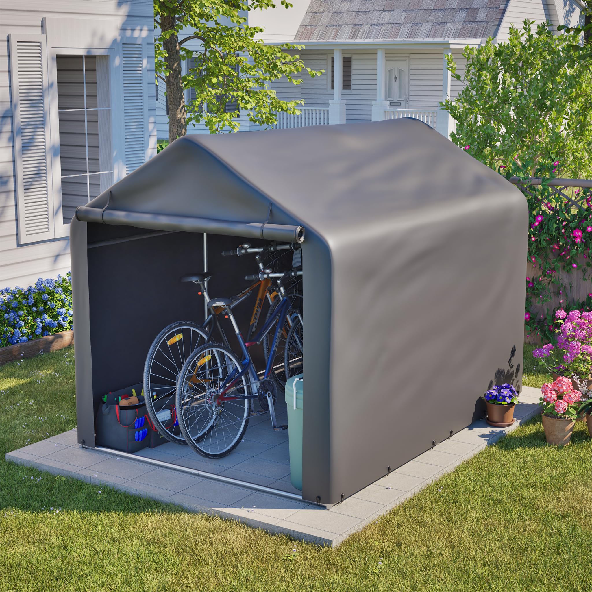 Fahrradgarage Metall Grau 160x220x165cm, Wasserdichter PE-Outdoor-Schuppen mit Rolltor, Fahrradunterstand für E-Bike & Gartengeräte, Windstabil für Garten Terrasse Hof