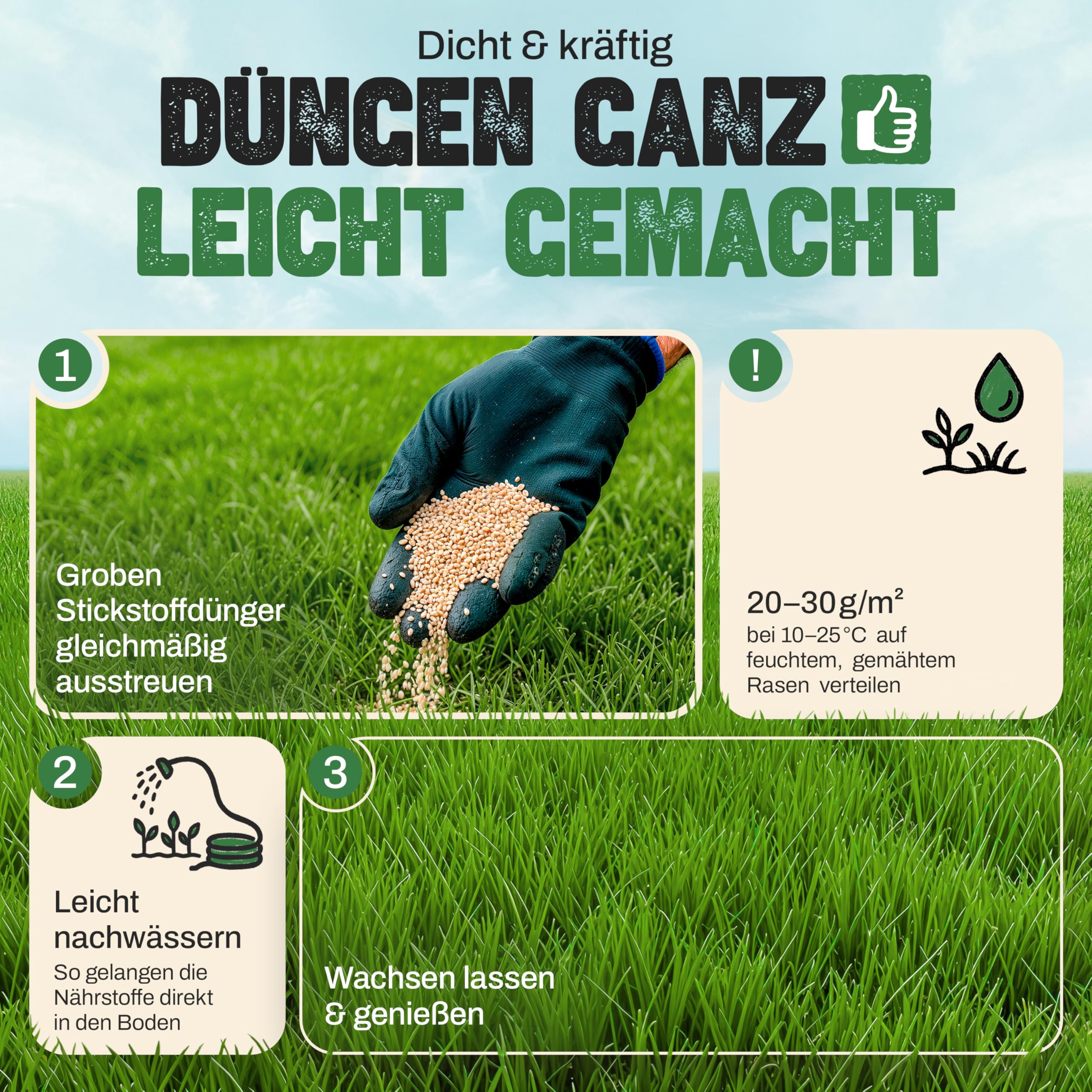 Rasendünger Frühjahr & Sommer inkl. Handstreuer | Tierfreundlicher Langzeitdünger für jeden Rasendünger frühling | (Staubarme Körnung 2-5mm) | Frühlingsdünger (20kg für 1000m²)