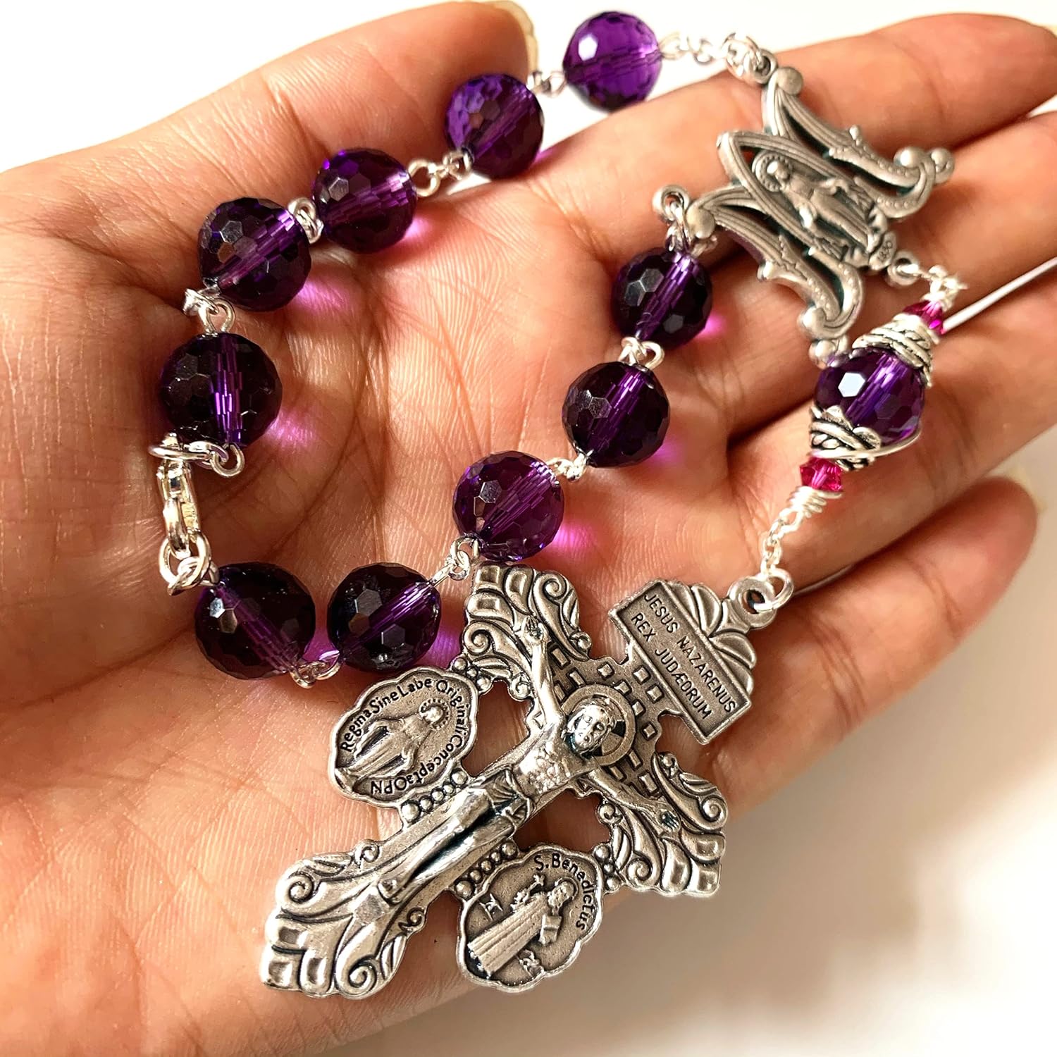 elegantmedical HANDMADE rosary Amethyst crystal bead one decade rosary bracelet cross Gift - Image 5