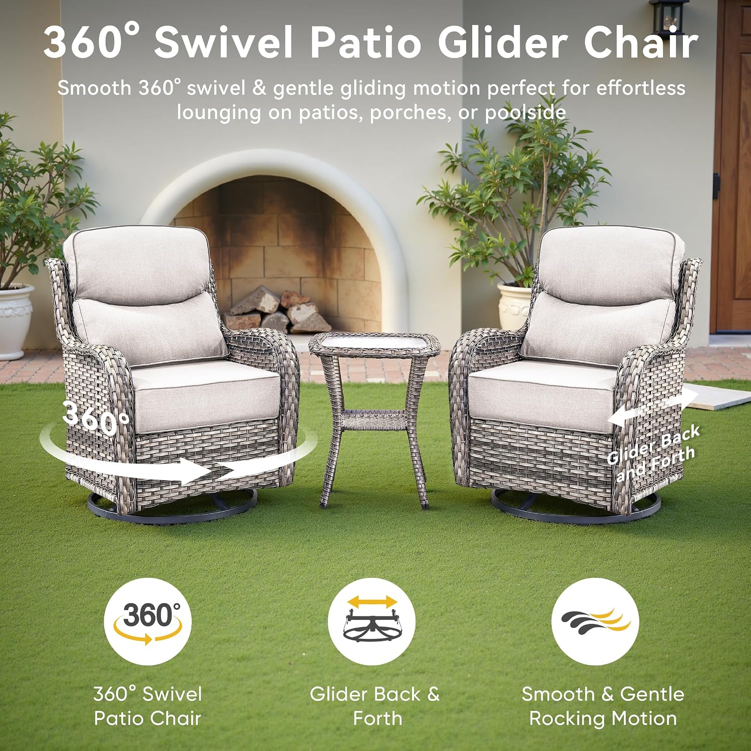 Luxury High Back Outdoor Swivel Rocker Patio Chairs with Side Table & 6-Inch Thick Cushions, 3 Pieces Patio Furniture Set for Porch, Balcony, Deck and Yard