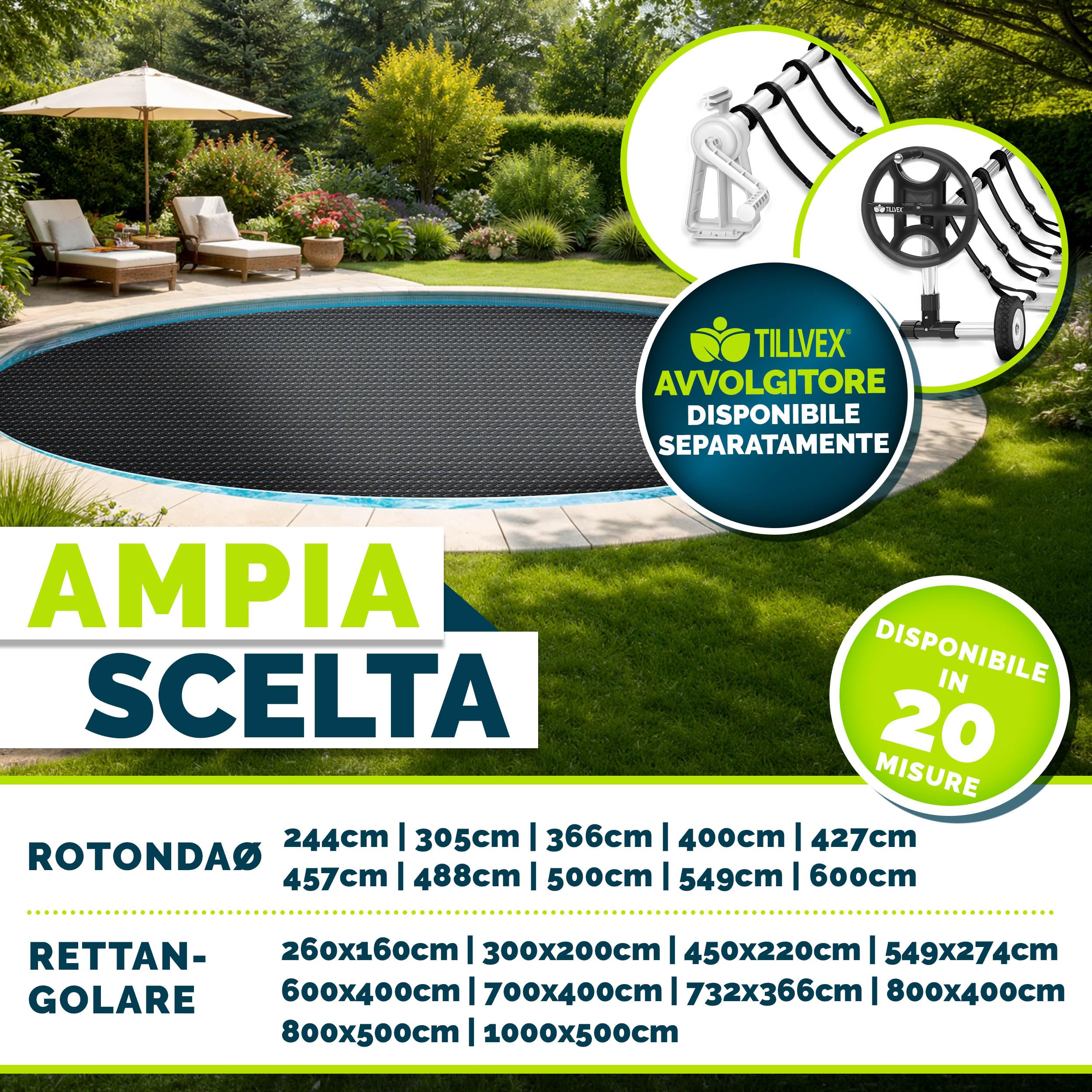 tillvex® Telone solare per piscina di alta qualità, 400 µm, rettangolare, 450 x 220 cm, ritagliabile | Telo di copertura solare per piscina per riscaldare l'acqua della piscina, telo termico per piscina