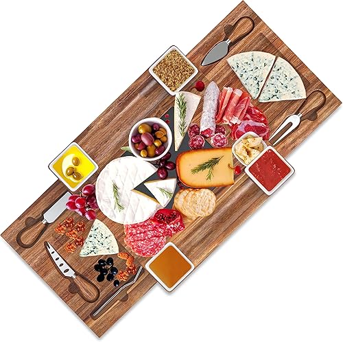 G Francis Juego de tablas de embutidos grandes con cuencos y cuchillos de tabla de queso, juego de platos cuadrados de madera de acacia de 12.5