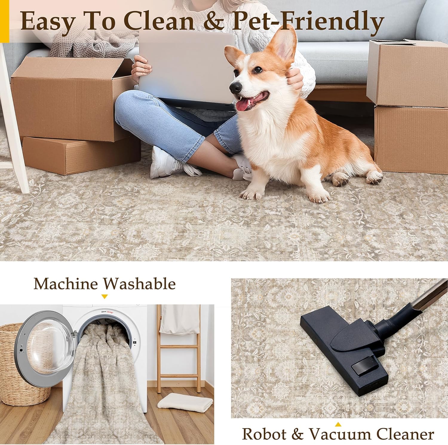 8x10 Beige Washable Neutral Area Rug Living Room Floral Non Slip Low Pile Large Rug Vintage Traditional Stain Resistant Distressed Carpet Bedroom Dining Room Office Playroom