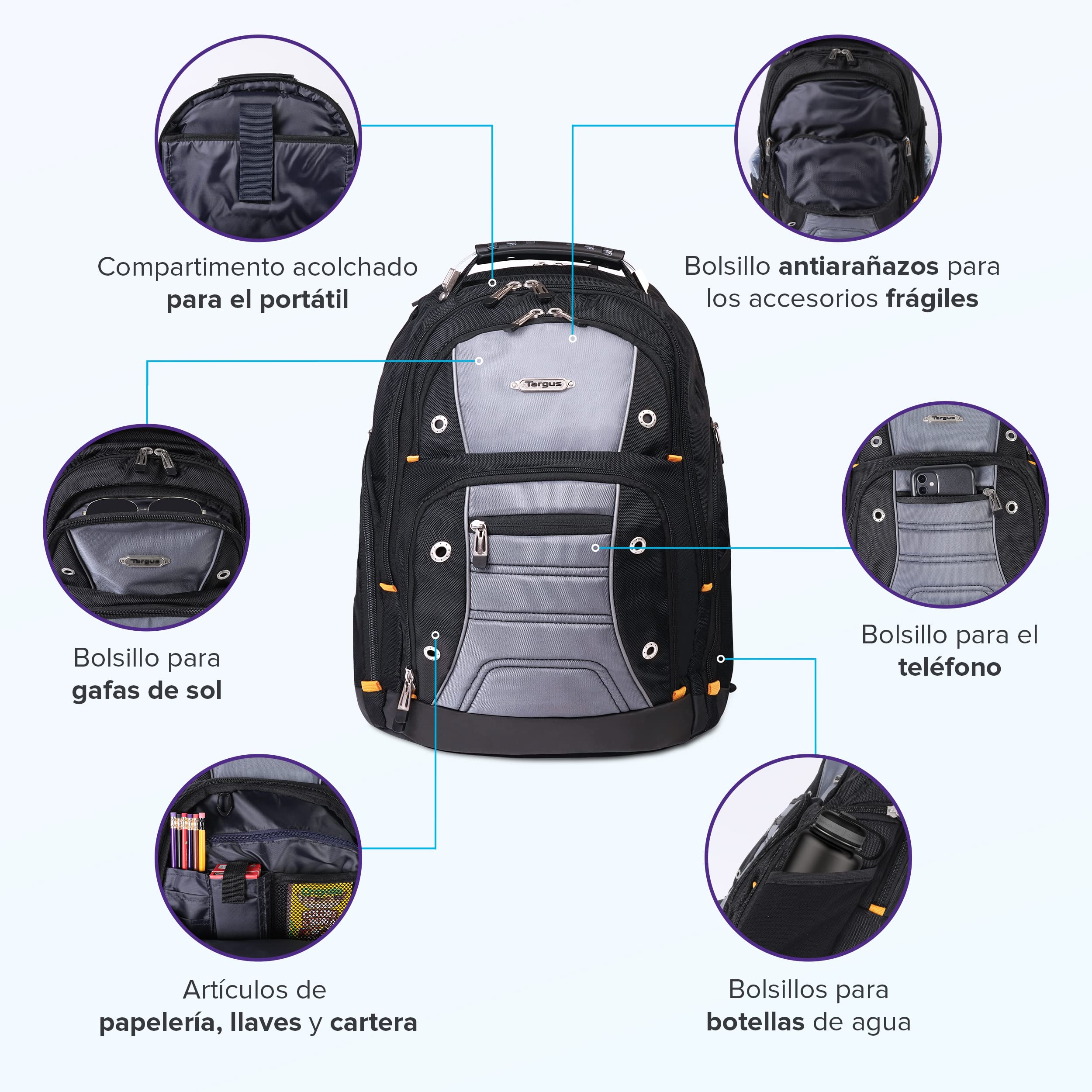Targus Mochila Drifter TSB238EU, de 32 litros. La Mejor opción para Trabajadores, Estudiantes y videojugadores; Apta para la mayoría de los Ordenadores portátiles de hasta 15.6” – Negra/Gris