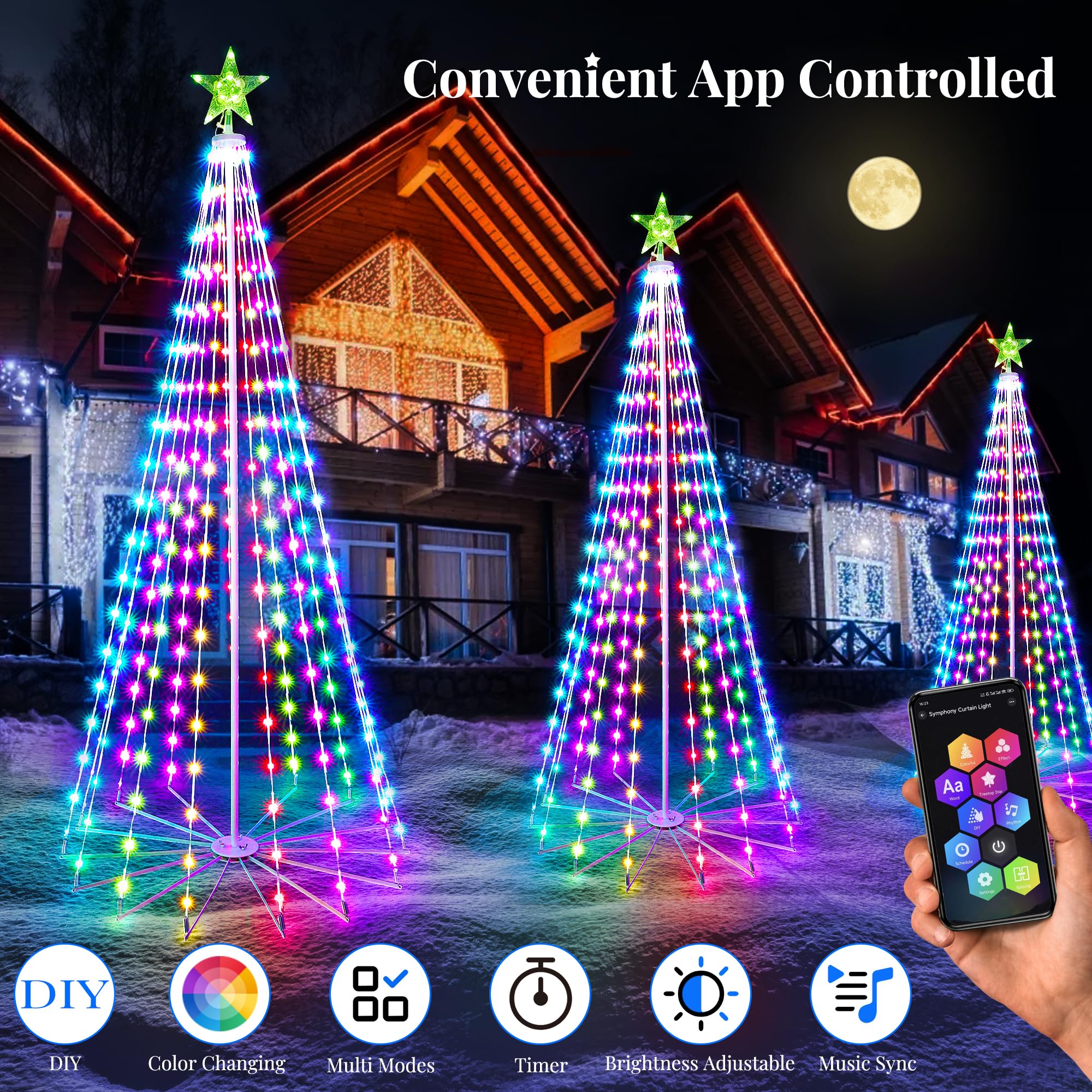 PhilzOps Smart Weihnachtsbaum Lichter, 1,88m 265LEDs Außen Kegelform Weihnachten Lichterkette mit Stern Wasserdicht 16 Millionen RGB Farben Weihnachtsdeko Licht für Garten Party Innen, App-Steuerung