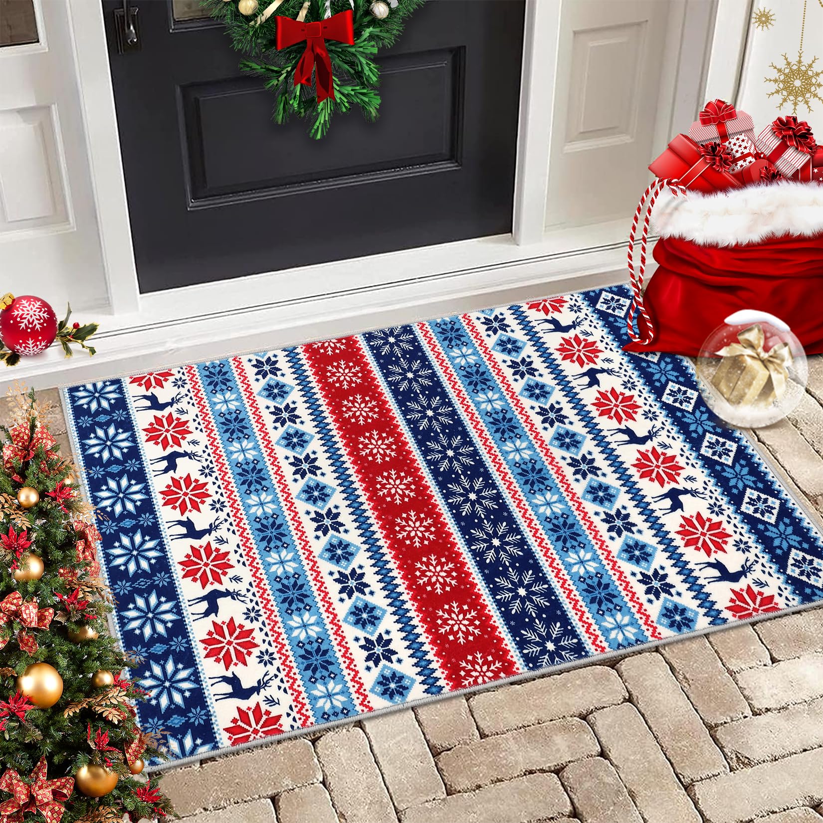 Small Entryway Area Rug 2x3 Christmas Rug Indoor Non-Slip Front Door Mat Washable Boho Rug Xmas Decorative Throw